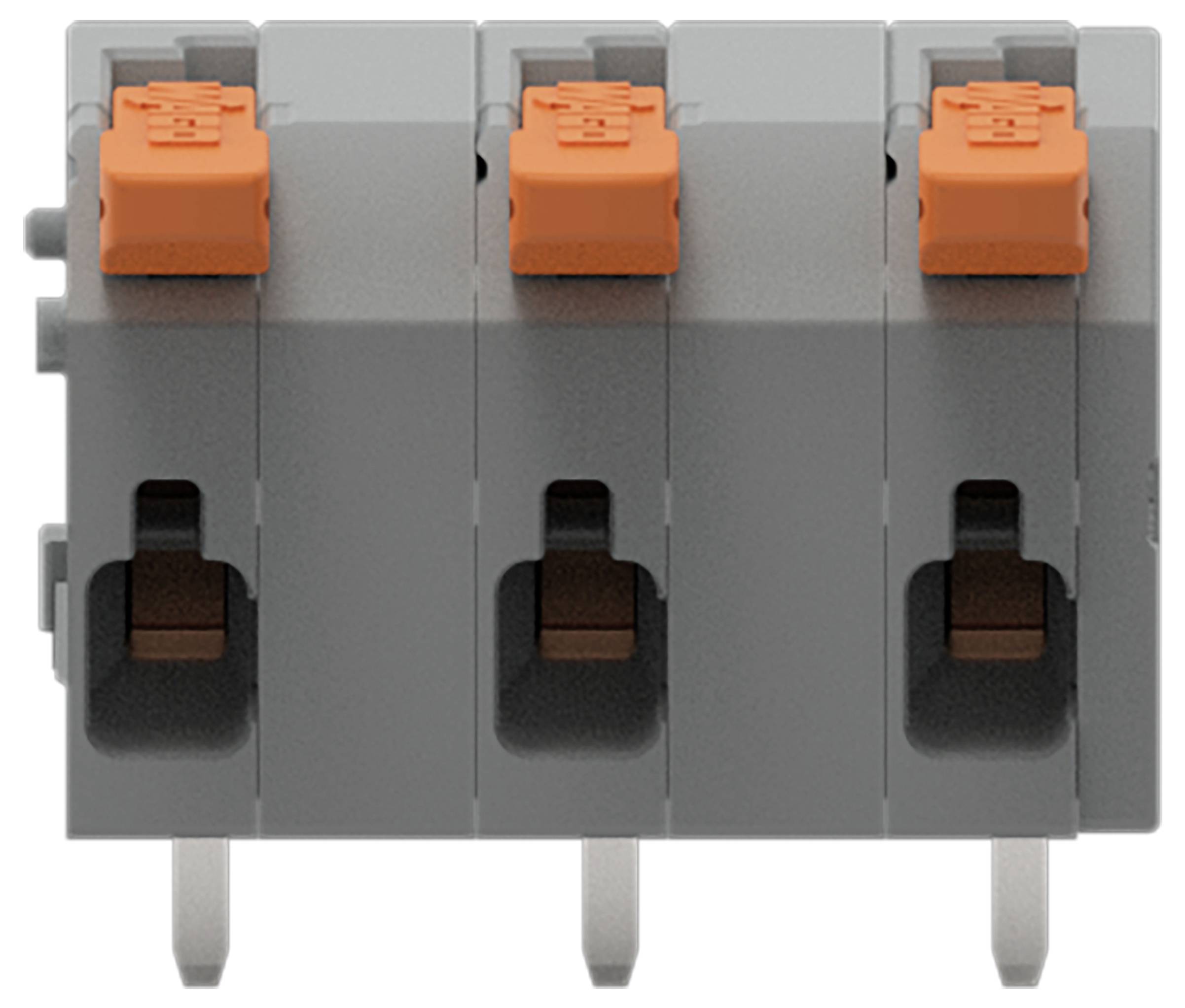Ein vierpoliger orange und grauer Elektro-Klemmblock mit Hebelsteckverbindern, die sichere Drahtverbindungen in elektrischen Schaltkreisen ermöglichen.