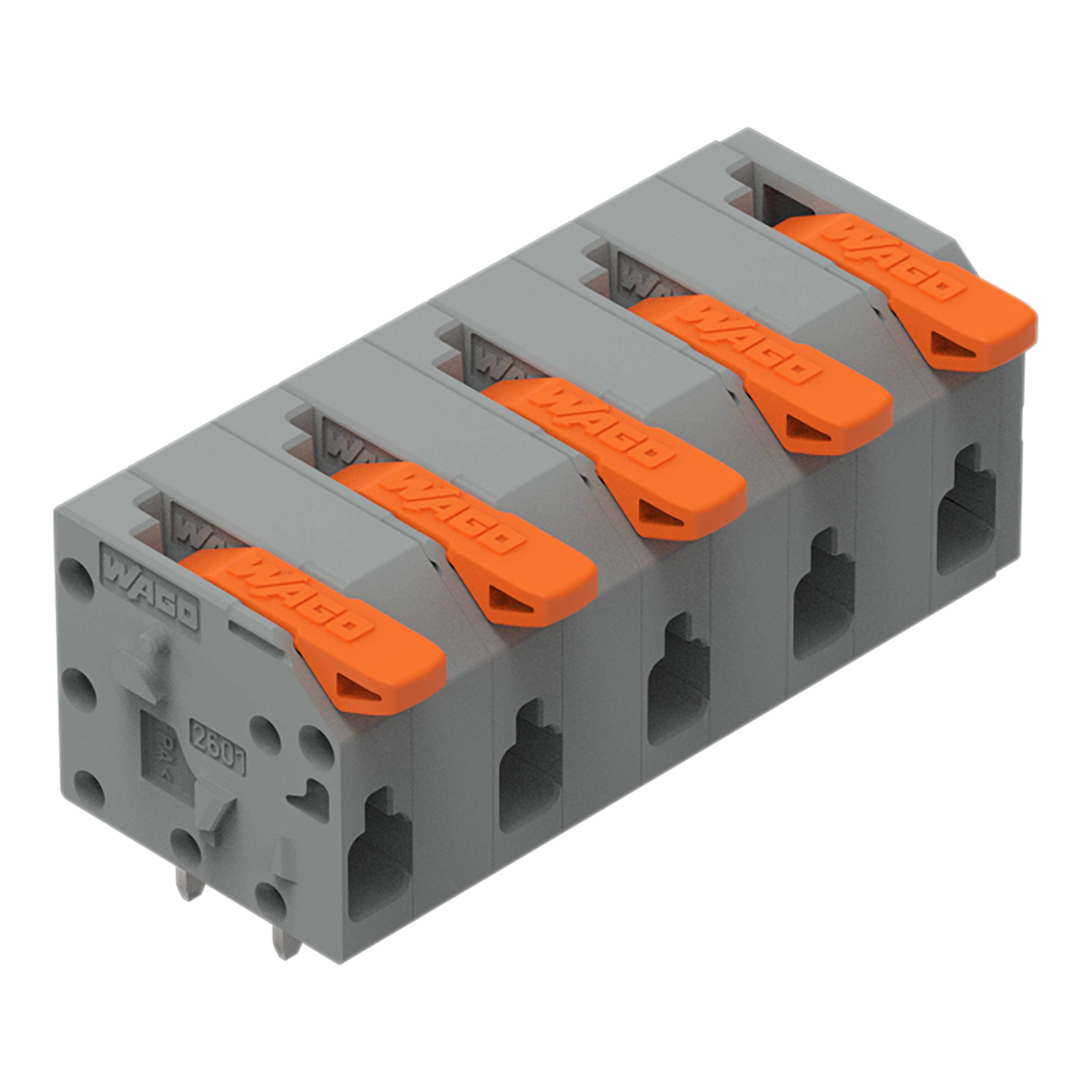 Ein fünfpoliger Push-Wire-Elektrostecker mit orangefarbenen Hebeln, entwickelt für sichere und einfache Verbindung von elektrischen Drähten.