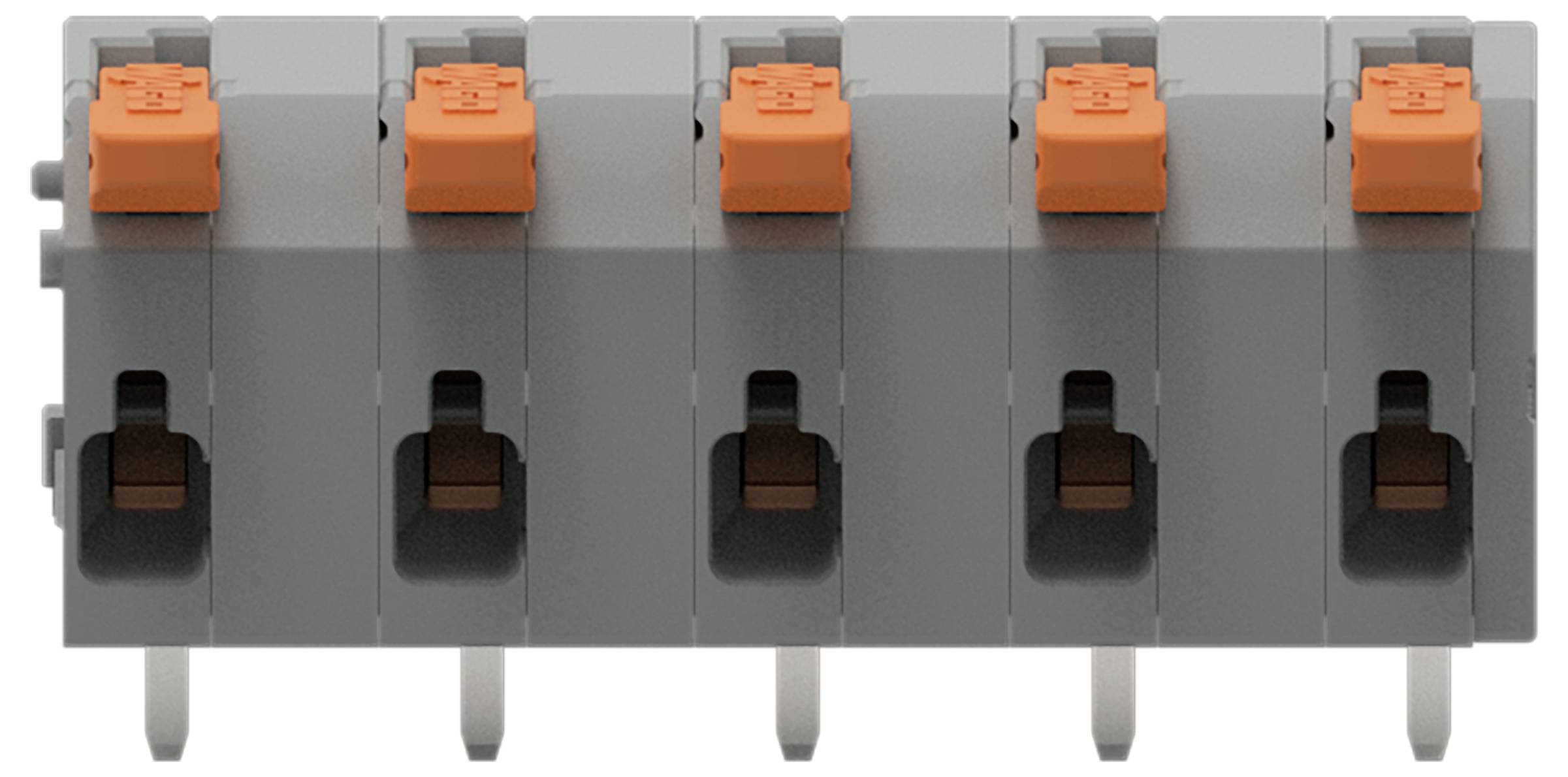 Ein graues elektrisches Anschlussklemmeneblock mit fünf Anschlusspunkten, von denen jeder von einem orangefarbenen Hebel gekrönt ist, verwendet zur Verdrahtung und elektrischen Verbindungen.