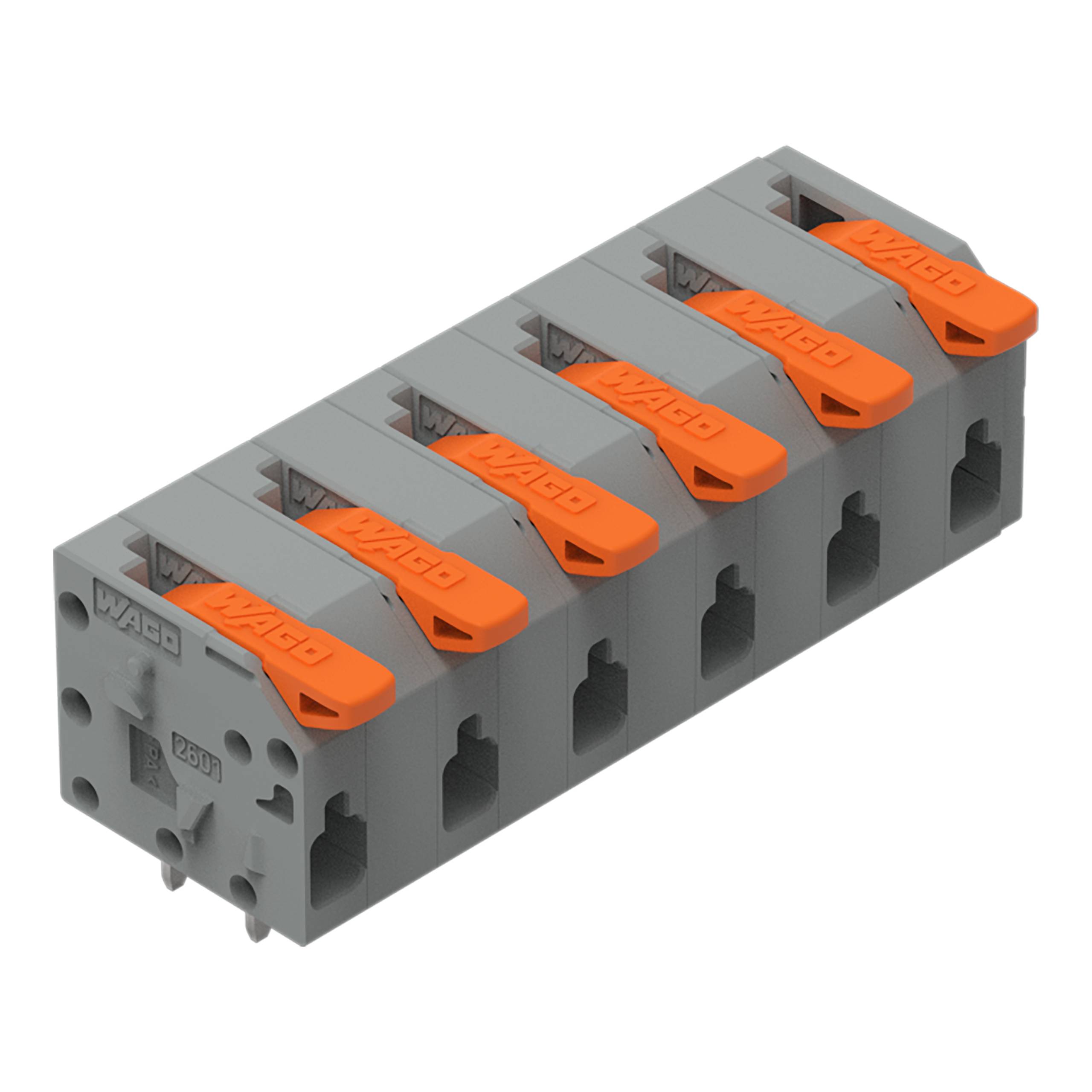 Ein grau-orangefarbener Elektrosteckverbinder mit sechs Schlitzen für die Drahteinführung, der für sichere und einfache Drahtverbindungen in Schaltkreisen verwendet wird.