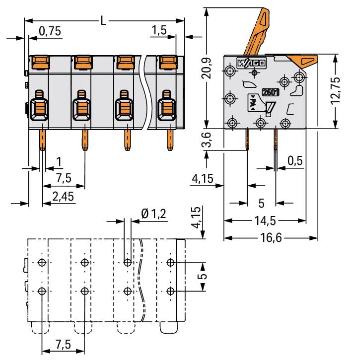 Technische Zeichnung eines sechspoligen Elektrosteckers. Draufsicht zeigt Abmessungen L, 3,5, 1,75. Seitenansicht zeigt Abmessungen A: 14, 13, Gesamthöhe: 10,3.