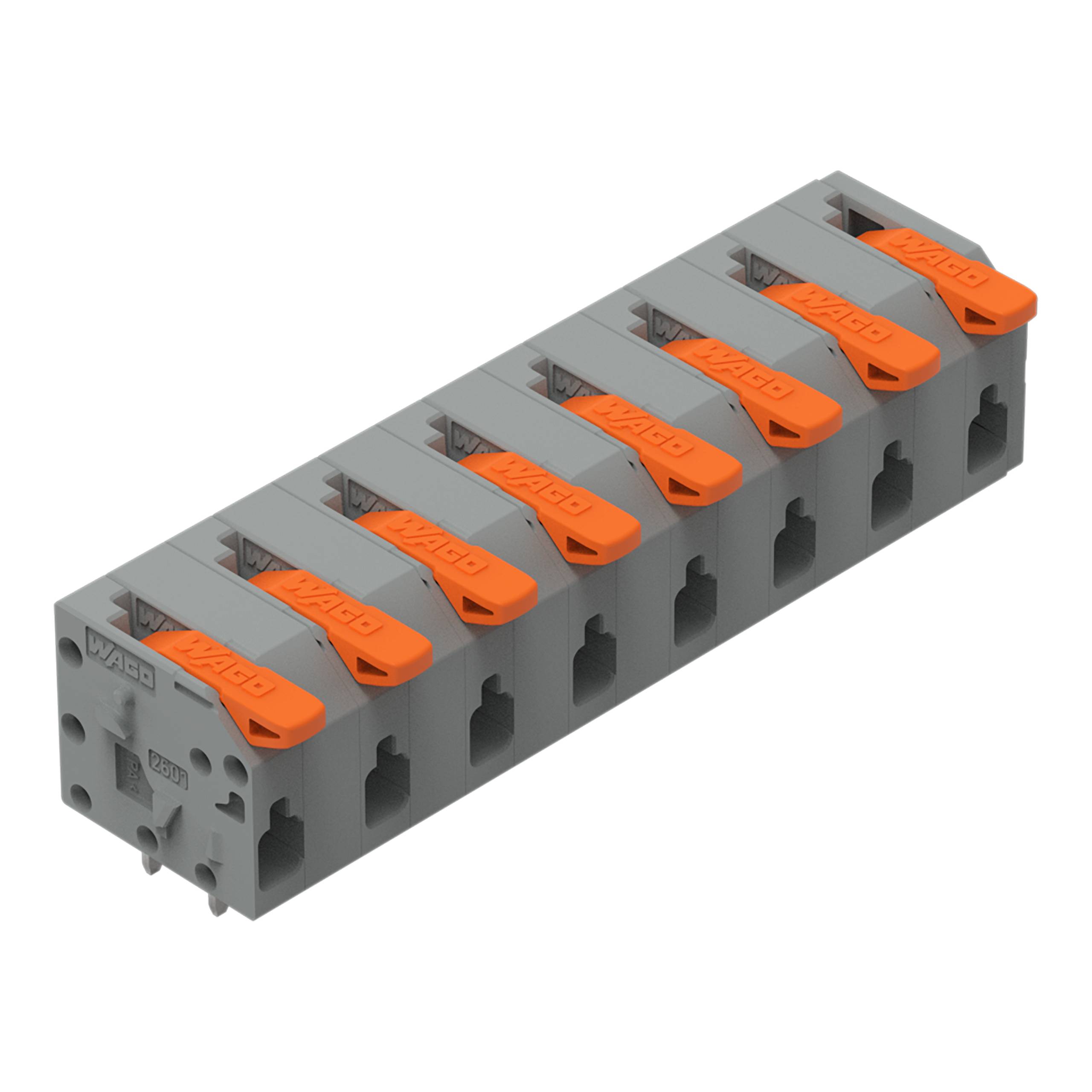 Ein achtpoliger elektrischer Stecker mit orangefarbenen Hebeln zum Sichern von Drähten, geeignet für Industrie- oder Wohnungsinstallationen.