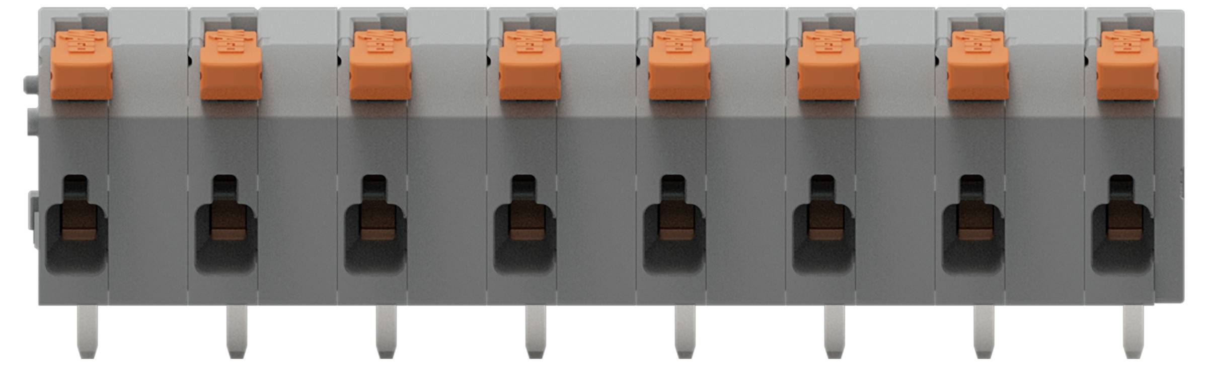 Ein Elektrostecker mit orangem und weißem Gehäuse, mit drei Schlitzen zur Drahteinfügung und mit der Beschriftung „WAGO 221-934