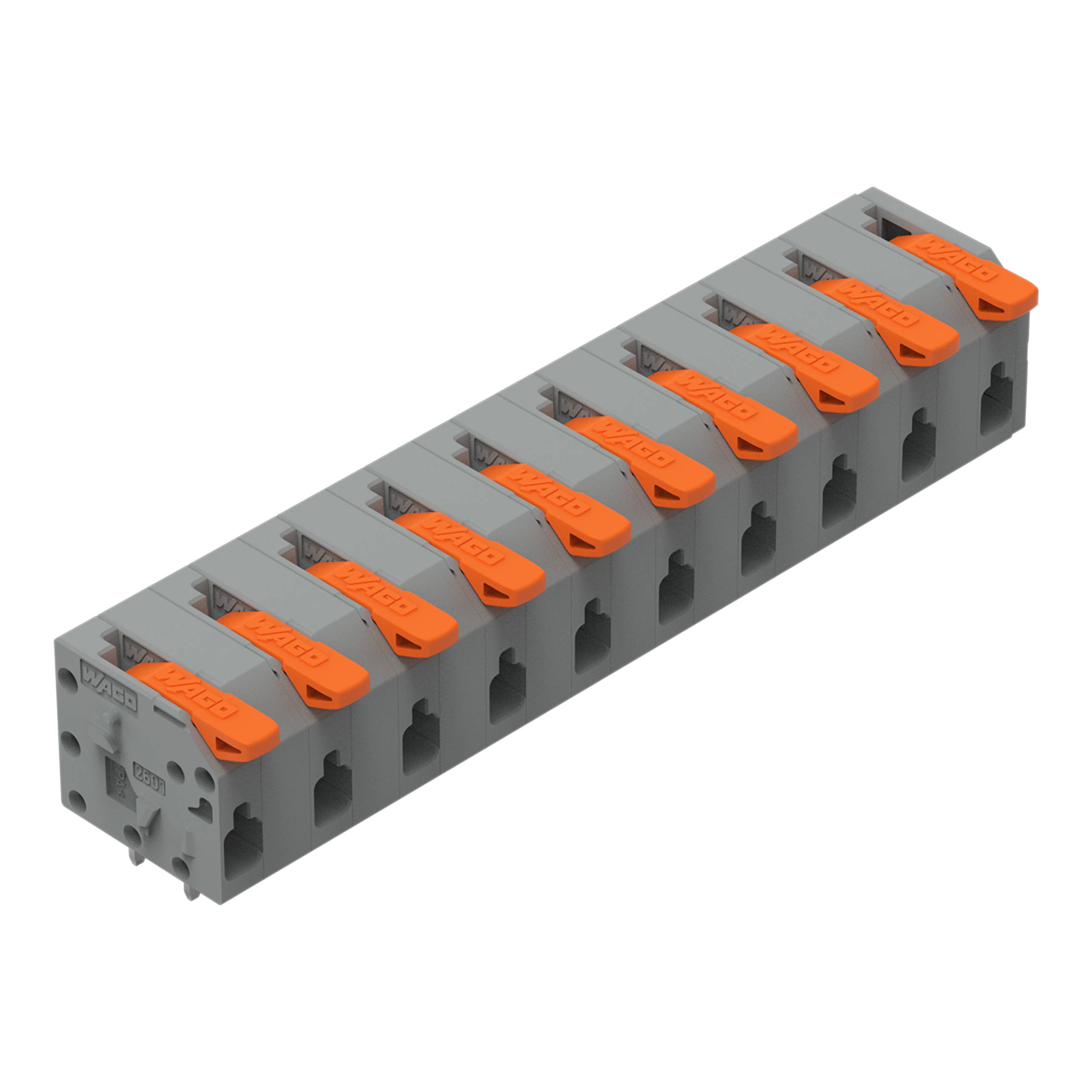 WAGO-Anschlussleiste mit acht orangefarbenen Hebeln auf grauem Sockel, verwendet für Verdrahtungsverbindungen.
