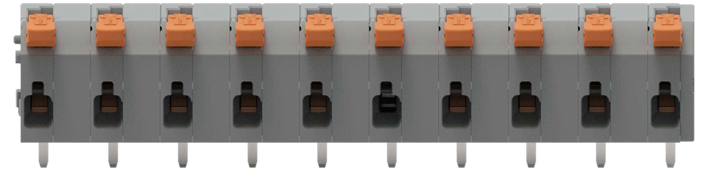 Graues Anschlussblöcke mit neun Paaren aus orangefarbenen und schwarzen Steckverbindern, verwendet für Elektrokabelverbindungen.
