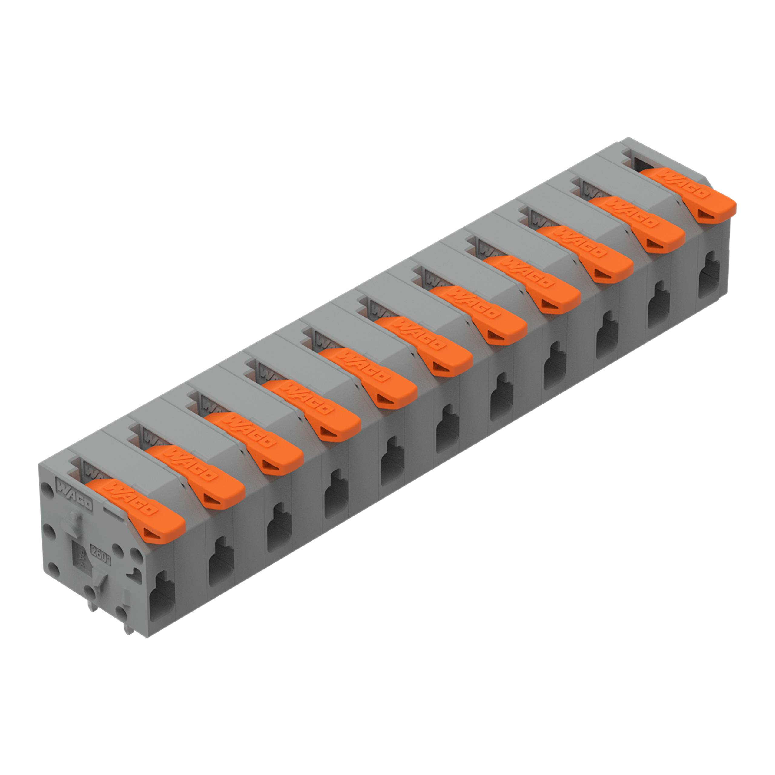Ein grauer WAGO-Drahtverbindungsblock mit zehn Paaren orangefarbener Hebel, der zum sicheren Verbinden von elektrischen Drähten verwendet wird.