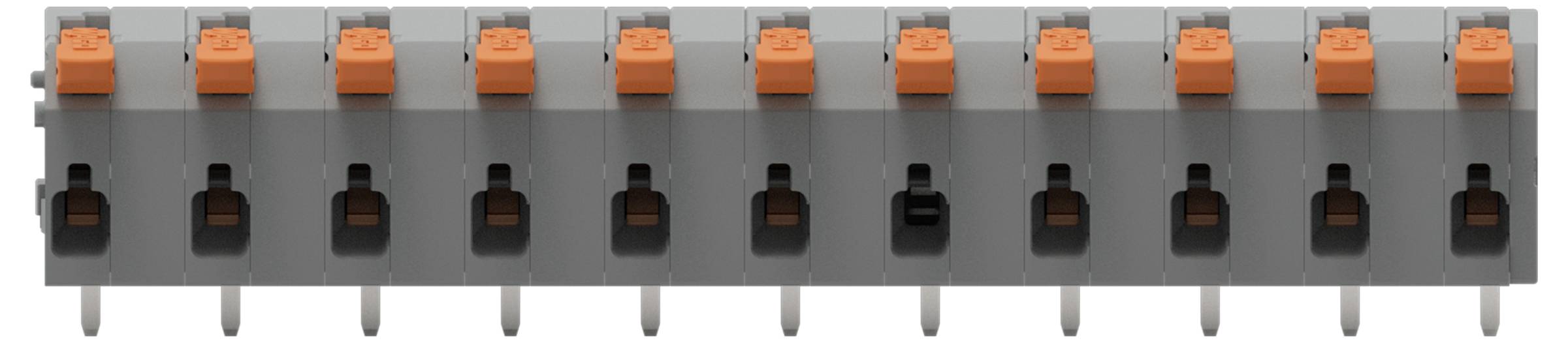 Ein orange- und graugraues elektrisches Klemmleistenblock mit mehreren Anschlüssen, entwickelt zum Befestigen und Organisieren von Drähten in elektronischen Baugruppen.