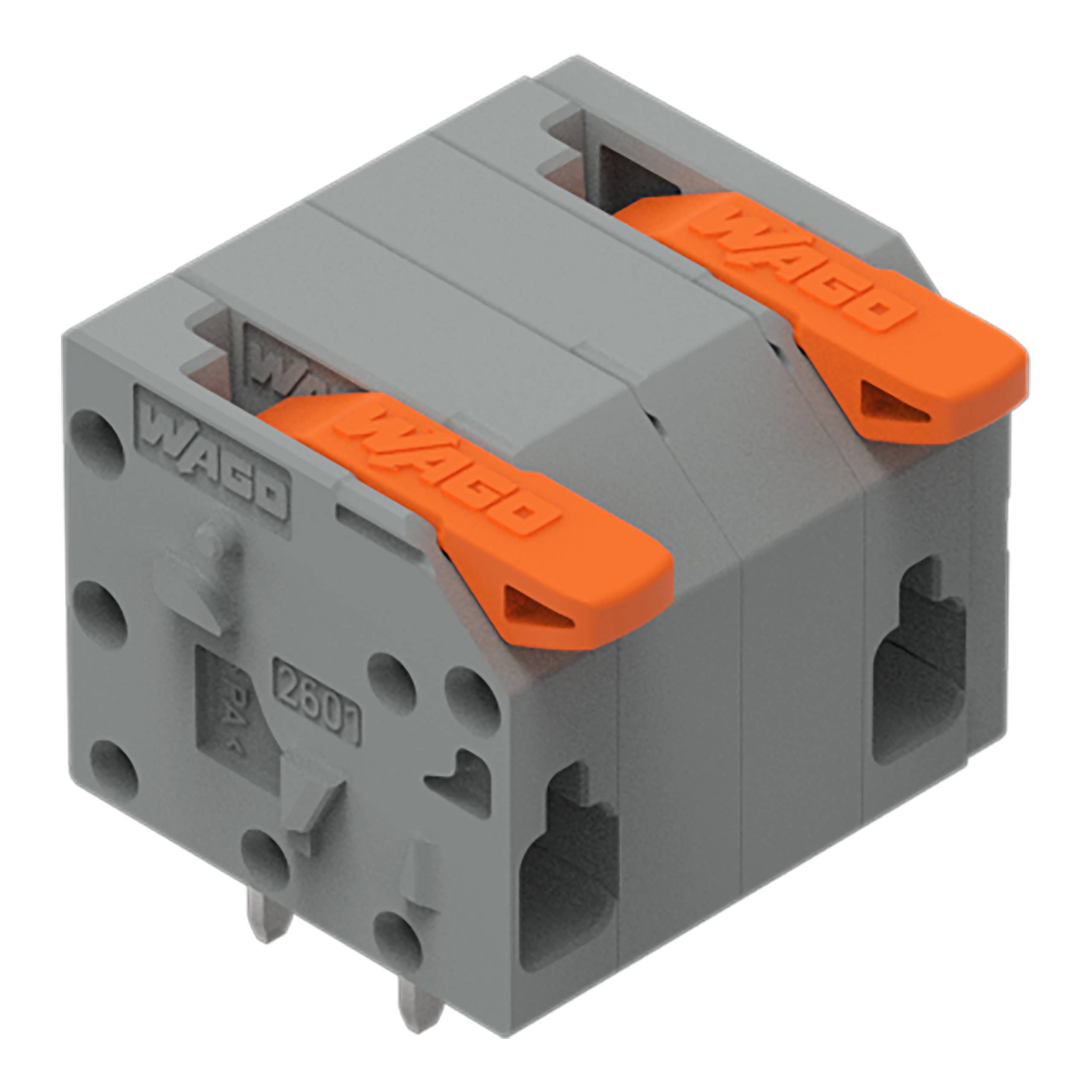 Ein grauer Elektrosteckverbinder mit zwei orangefarbenen Hebeln, die mit „WAGO