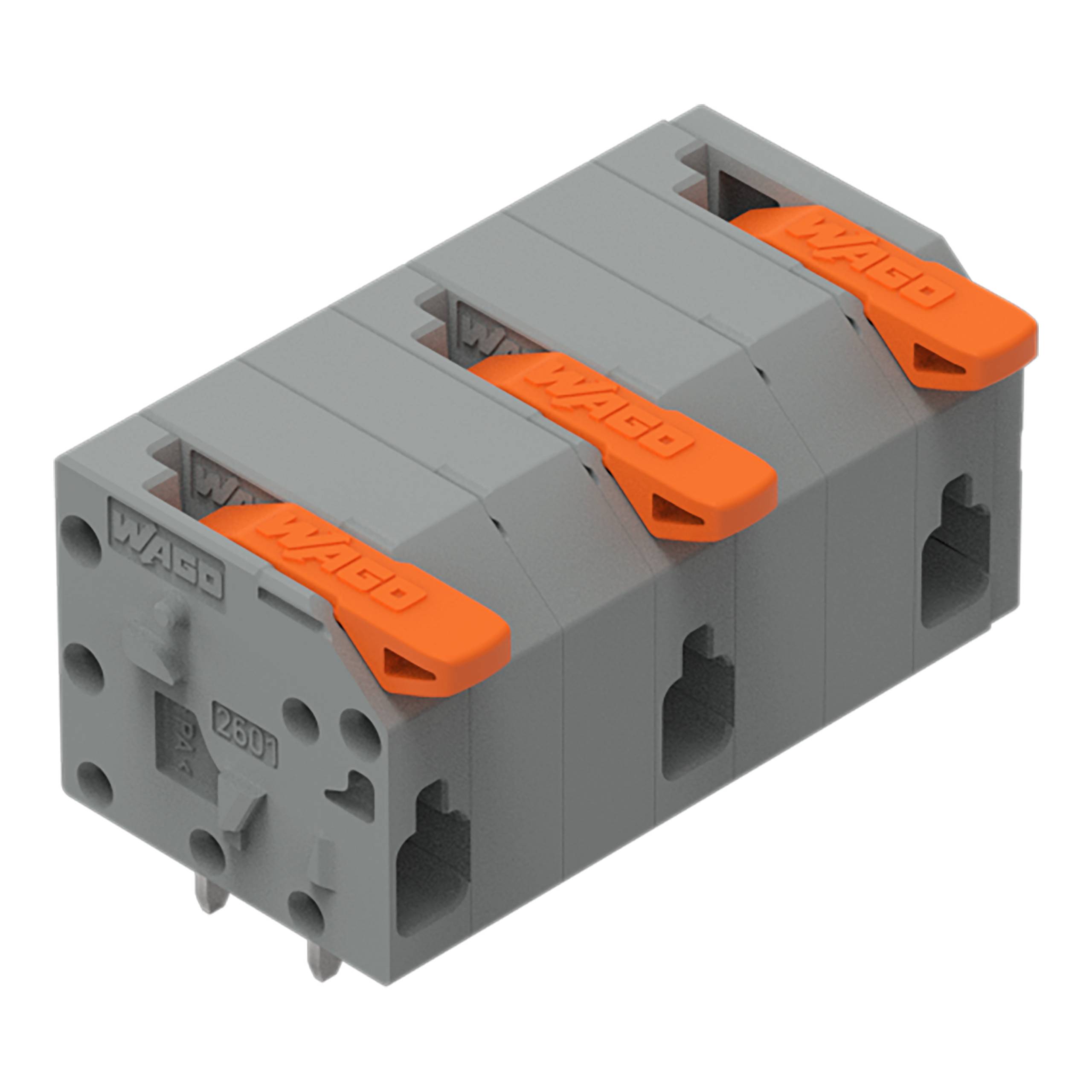 Ein grau-orangefarbener modularer Steckverbinder mit vier Anschlüssen, gekennzeichnet mit 