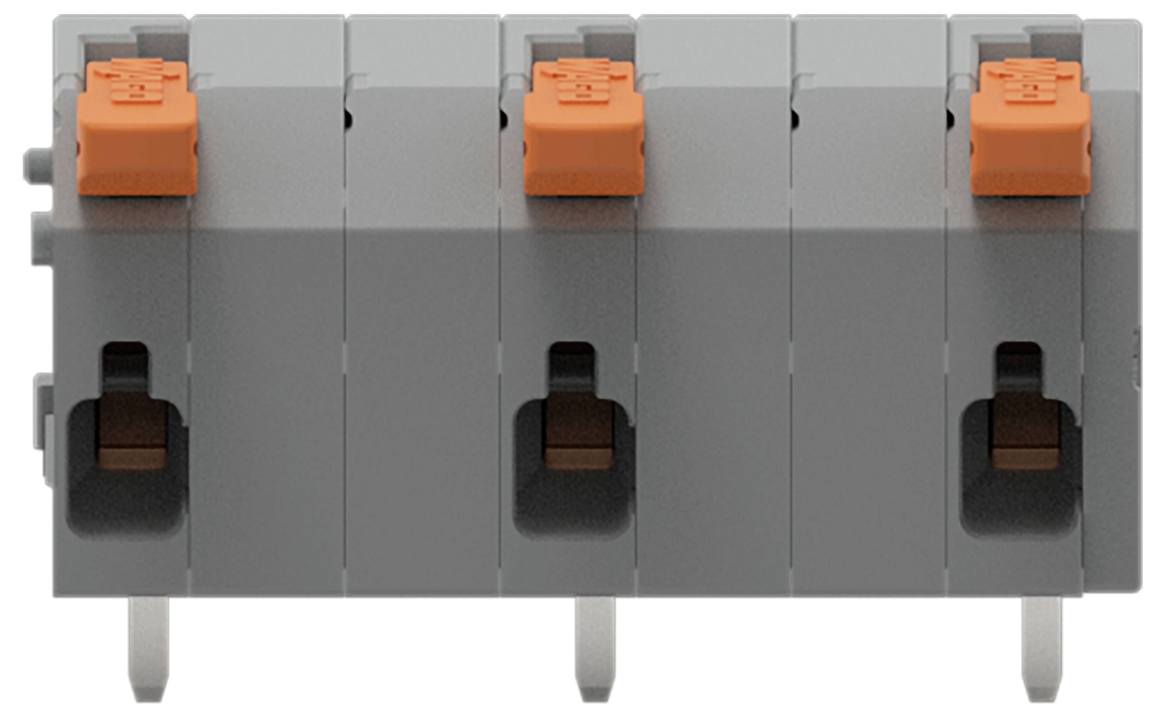 Ein grauer, vierklemmeliger Block mit orangefarbenen Hebeln, typischerweise für elektrische Verbindungen verwendet.