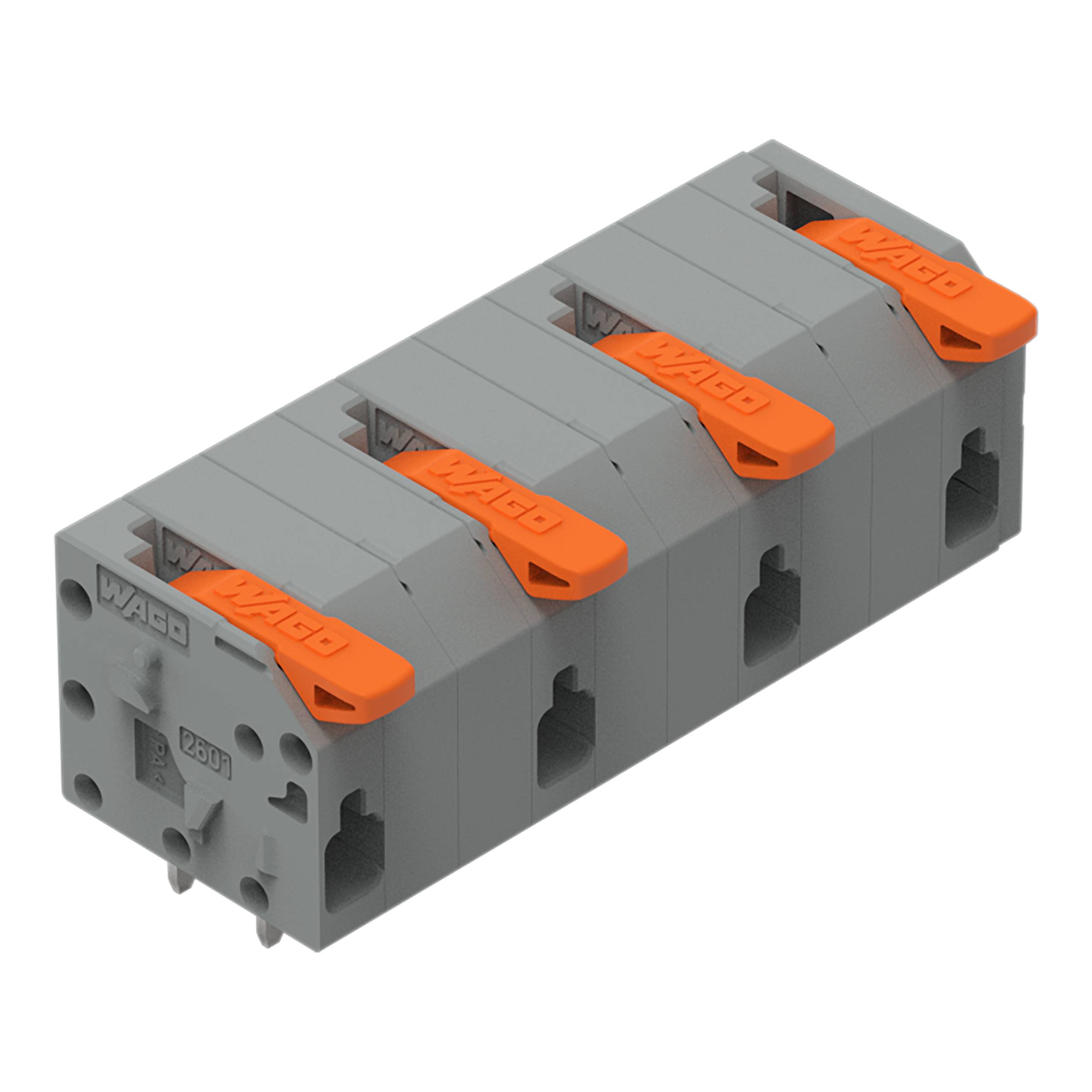 Ein grau und orange farbiger Klemmblock mit fünf Hebelklemmen zum Befestigen von Drähten, verwendet für schnelle und sichere elektrische Verbindungen.