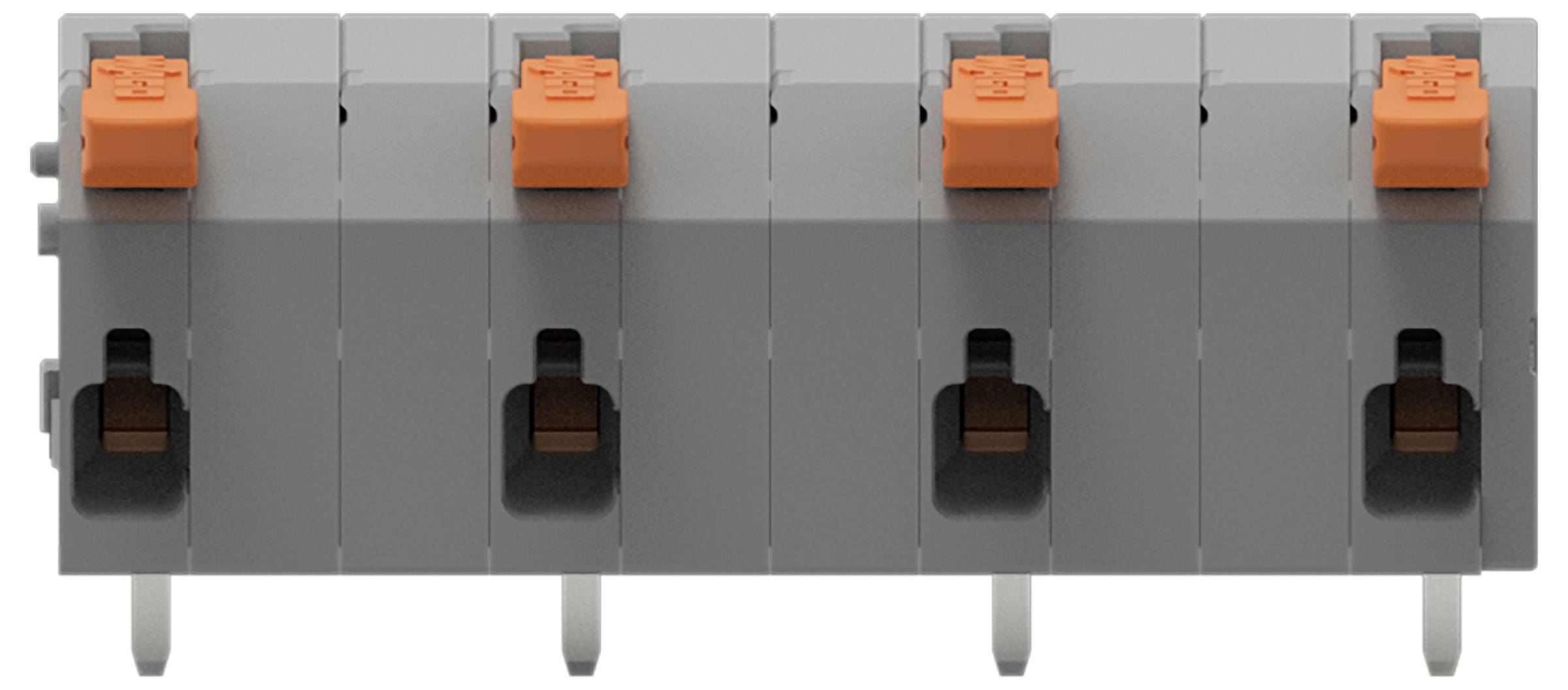 Ein grauer elektronischer Stecker mit fünf Schlitzen und orangefarbenen Laschen, wahrscheinlich für elektrische Verkabelung oder Schaltkreisverbindungen verwendet.