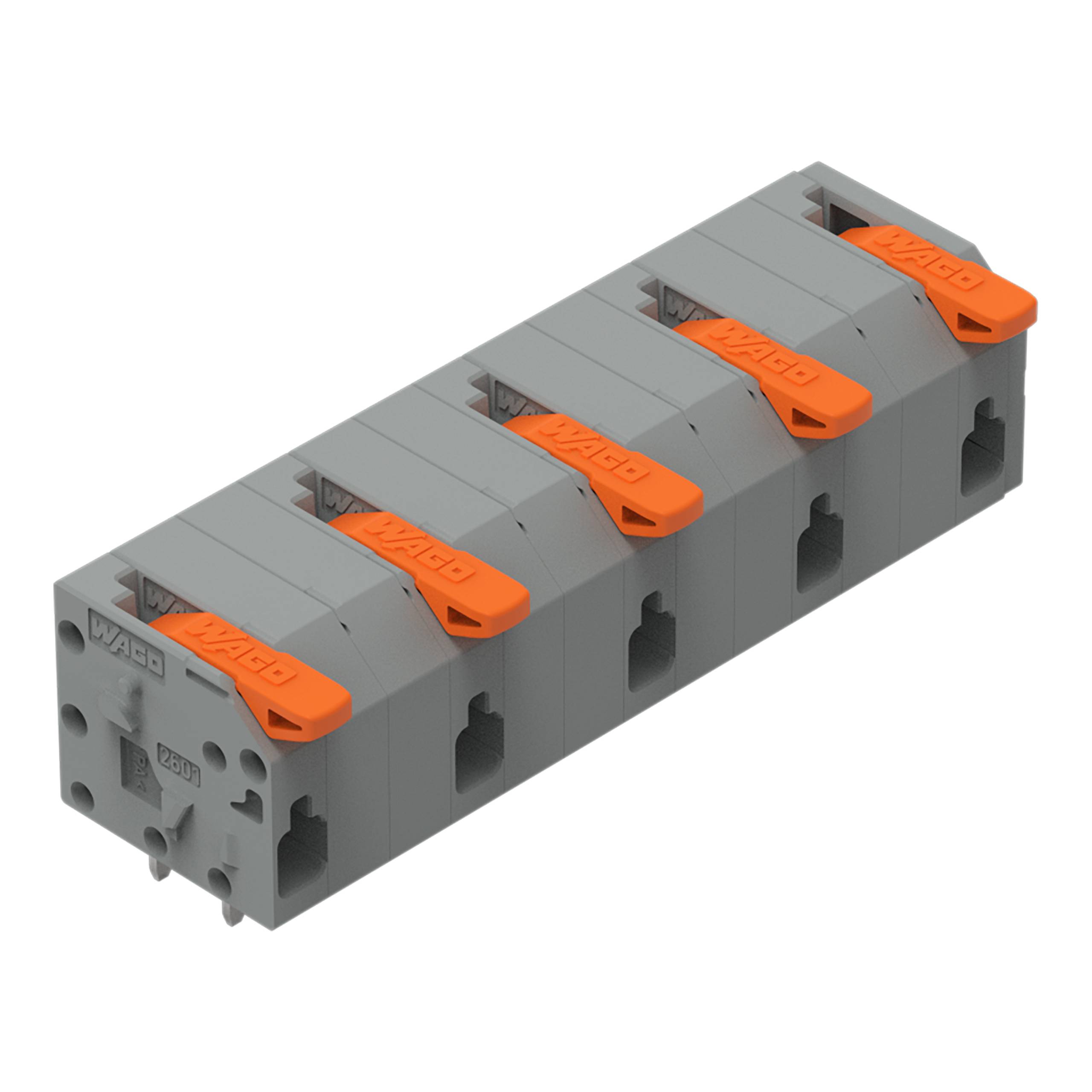 Ein Satz von Industrieklemmen mit Hebelverriegelung für schnelle und sichere elektrische Verbindungen, mit orangefarbenen Hebeln und grauem Gehäuse.