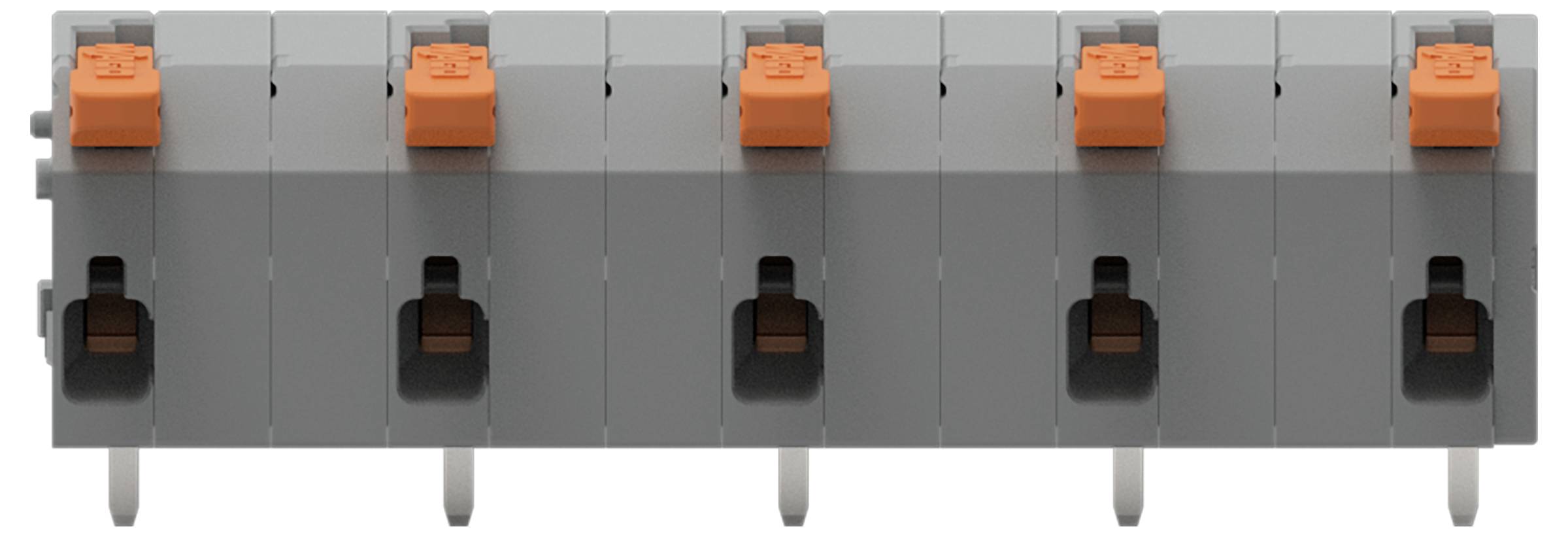 Eine Reihe von sechs identischen grauen Miniatur-Leitungsschutzschaltern, jeder mit einem orangefarbenen Kippschalter, horizontal auf weißem Hintergrund angeordnet.