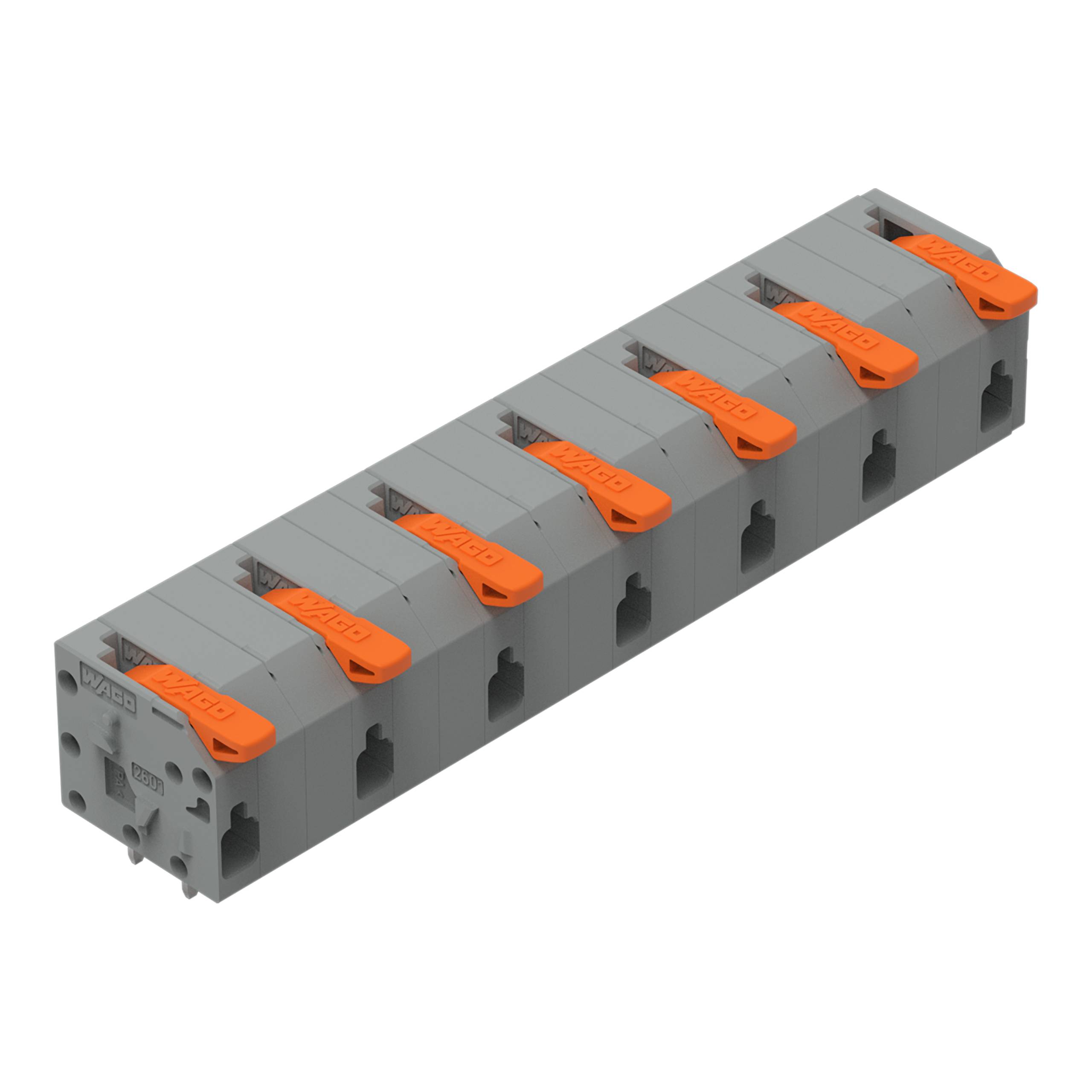 Grau-orange Elektroanschlussblock mit acht Positionen von WAGO, konzipiert für sichere Drahtverbindungen und einfache Bedienung.