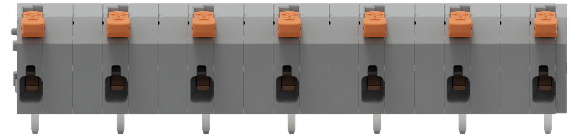 Eine Reihe von sieben grauen elektrischen Leitungsschutzschaltern, jeder mit einem orangefarbenen Schalter in der Aus-Position, zusammen in einer linearen Anordnung montiert.