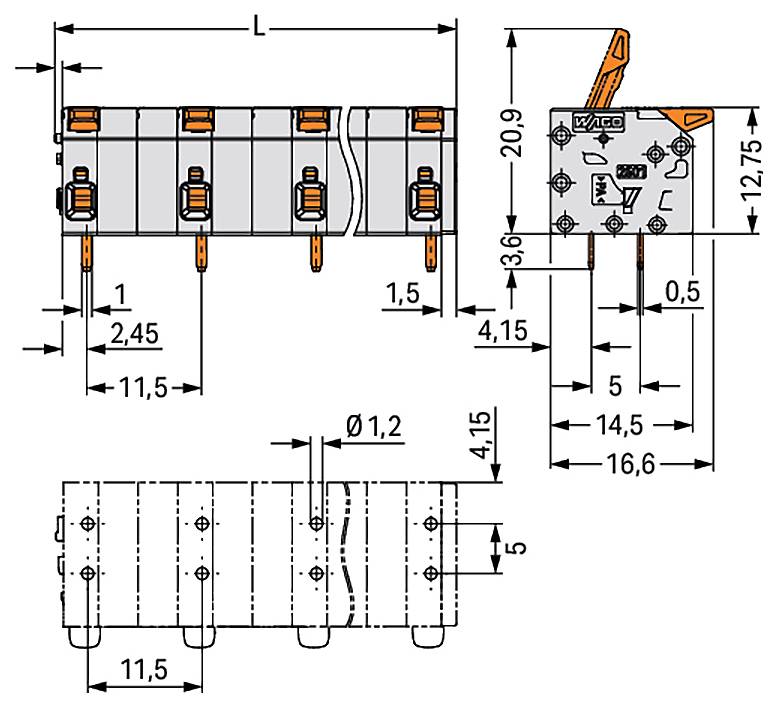 Ein technisches Diagramm eines elektrischen Steckers mit Abmessungen und Winkeln. Enthält gekennzeichnete Messungen für Länge, Breite und Lochsdurchmesser.
