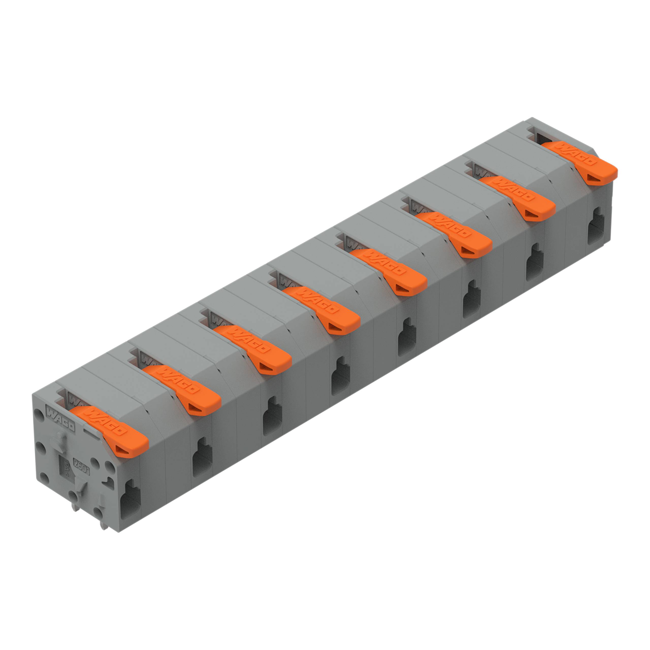 Ein Block aus acht grauen elektrischen Anschlussklemmen mit orangefarbenen Hebeln.