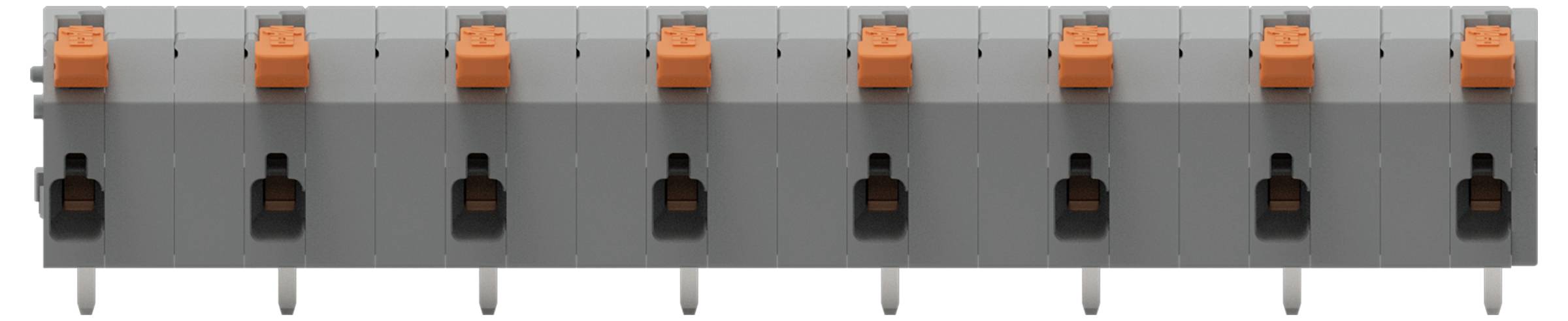 Ein modularer Anschlussblock mit acht orangefarbenen Hebelsicherungen, die in einer Reihe angeordnet sind. Jedes Modul ist verbunden und gleichmäßig beabstandet.