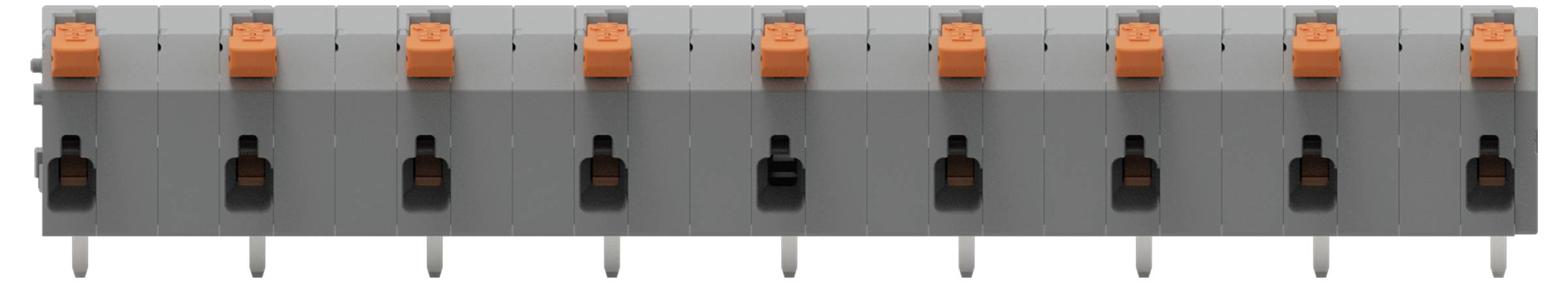 Eine horizontale Reihe aus acht grauen und orangefarbenen Leitungsschutzschaltern in einem Schaltschrank.