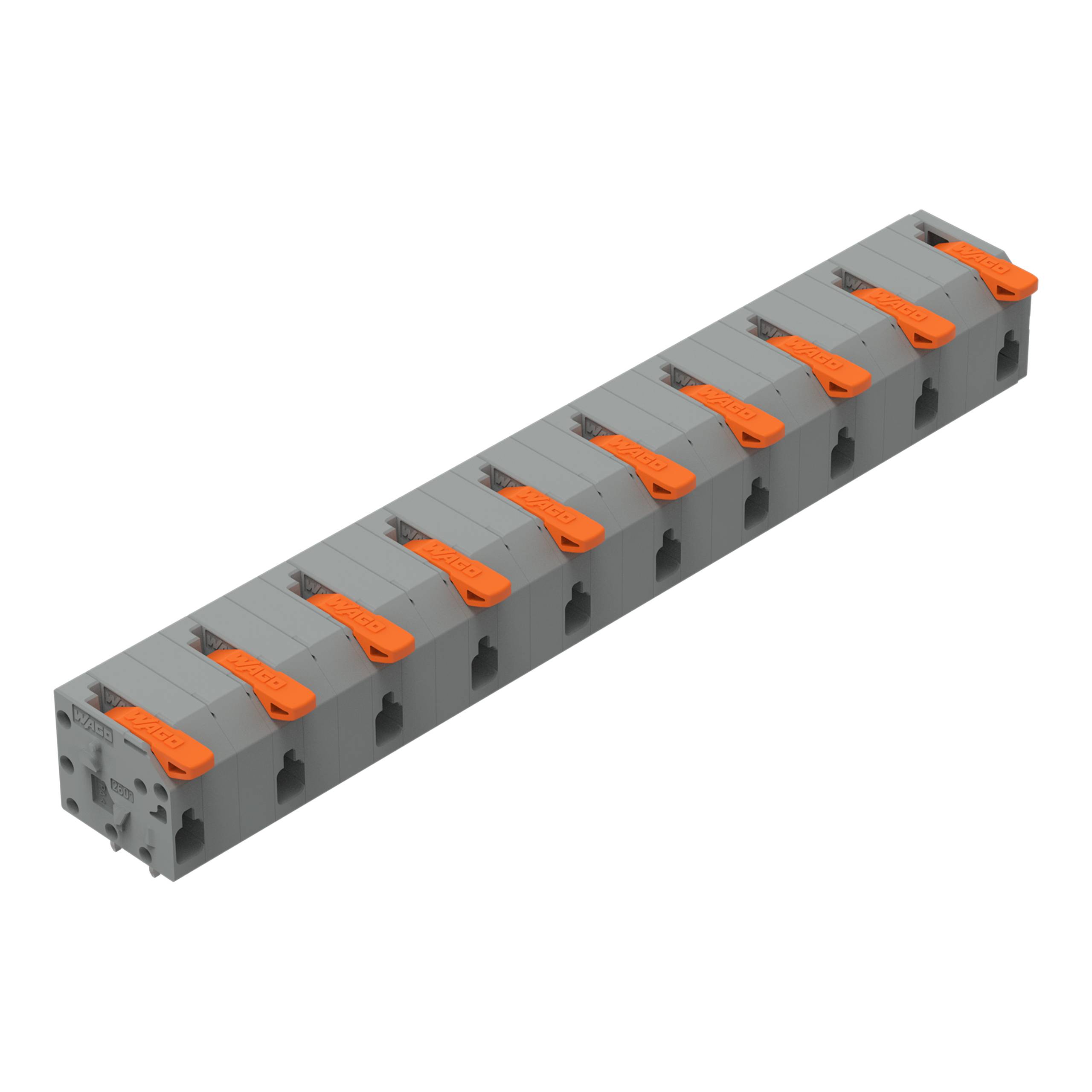 Eine Reihe von zehn grauen und orangefarbenen Elektroklemmenblöcken, die in einer Linie angeordnet sind und zum sicheren Verbinden von Stromkreisen verwendet werden.