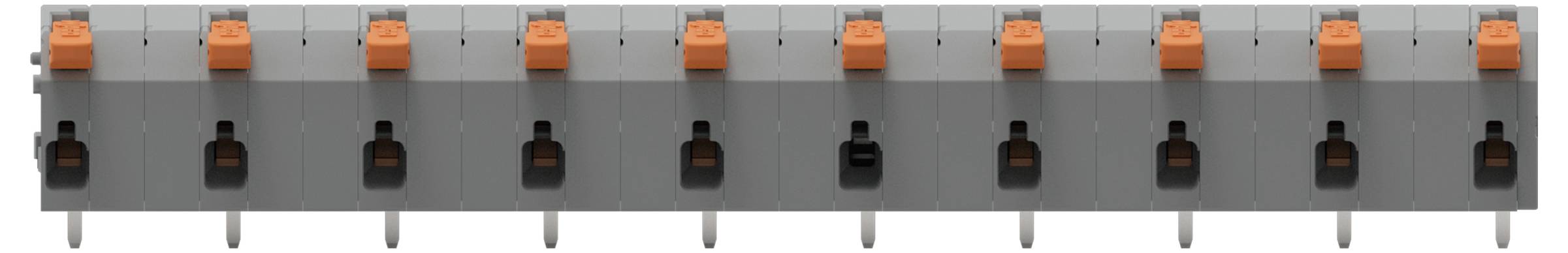 Eine Reihe von zehn grau-orangefarbenen Kippschaltern, horizontal angeordnet, jeder Schalter in der Aus-Position.