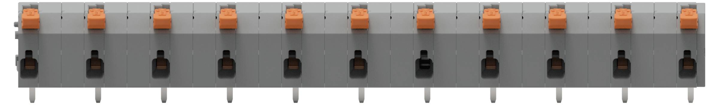 Eine Reihe von zehn grauen elektrischen Leitungsschutzschaltern, jeder mit einem orangefarbenen Schalter, auf einer Schiene montiert, entwickelt für den Überlastschutz.