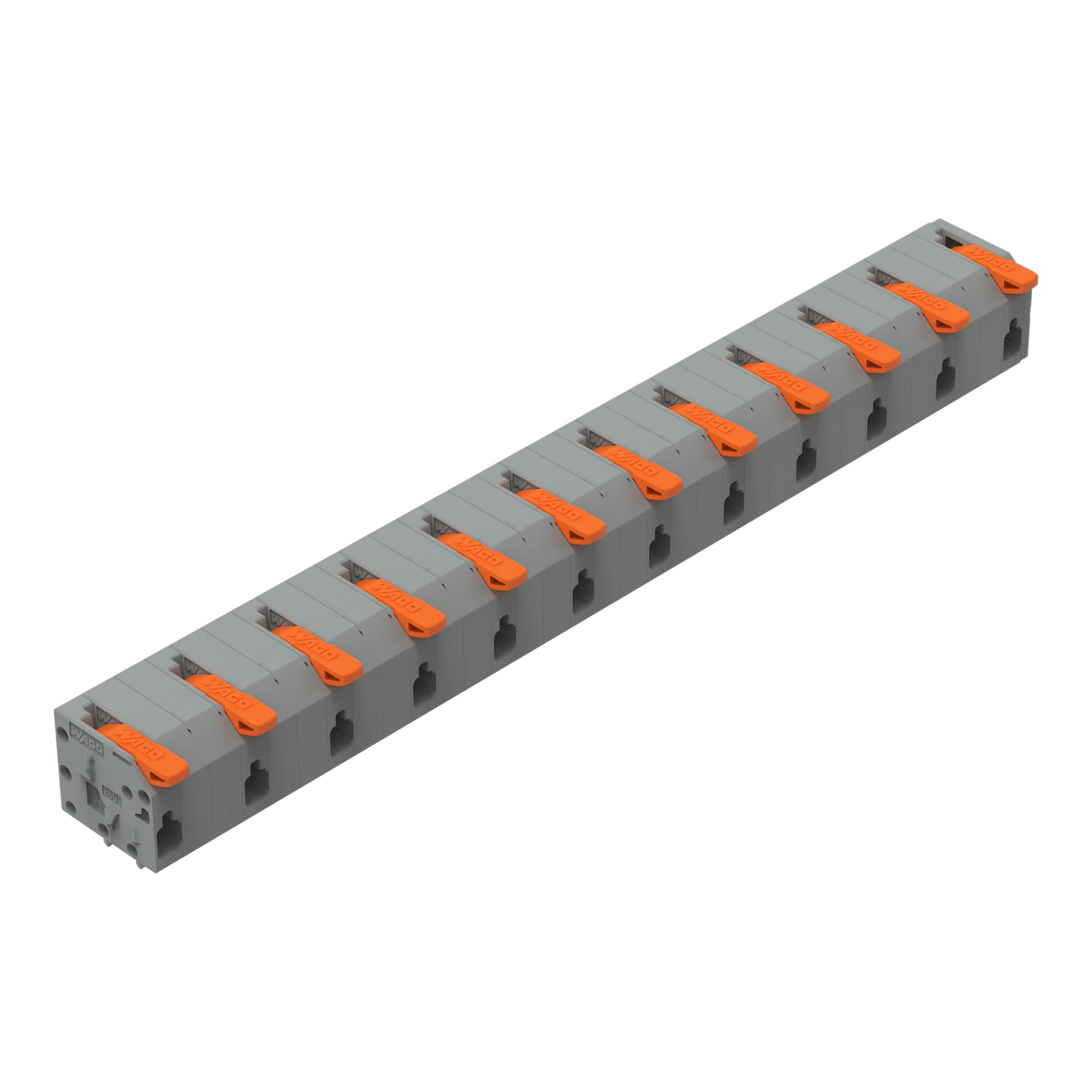 Ein graues, rechteckiges Elektroverbindungsblöckchen mit zahlreichen orangenen Hebeln, das zum Verbinden mehrerer Drähte in einer linearen Anordnung ausgelegt ist.