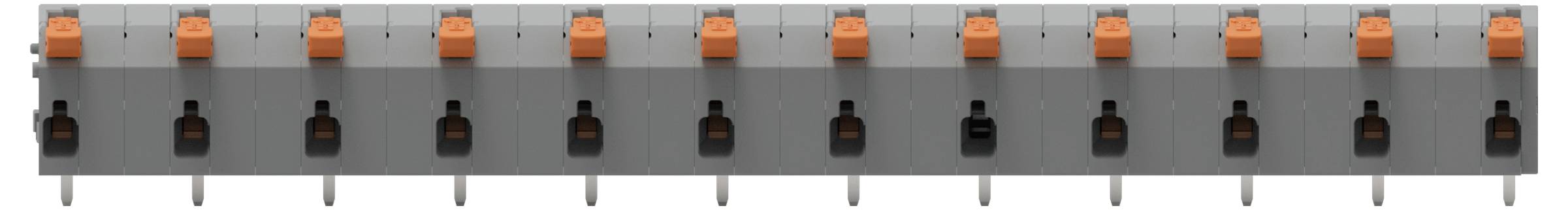 Bild einer Reihe identischer orange-grauer Steckverbinder mit Metallstiften. Jeder Steckverbinder ist horizontal nebeneinander ausgerichtet.