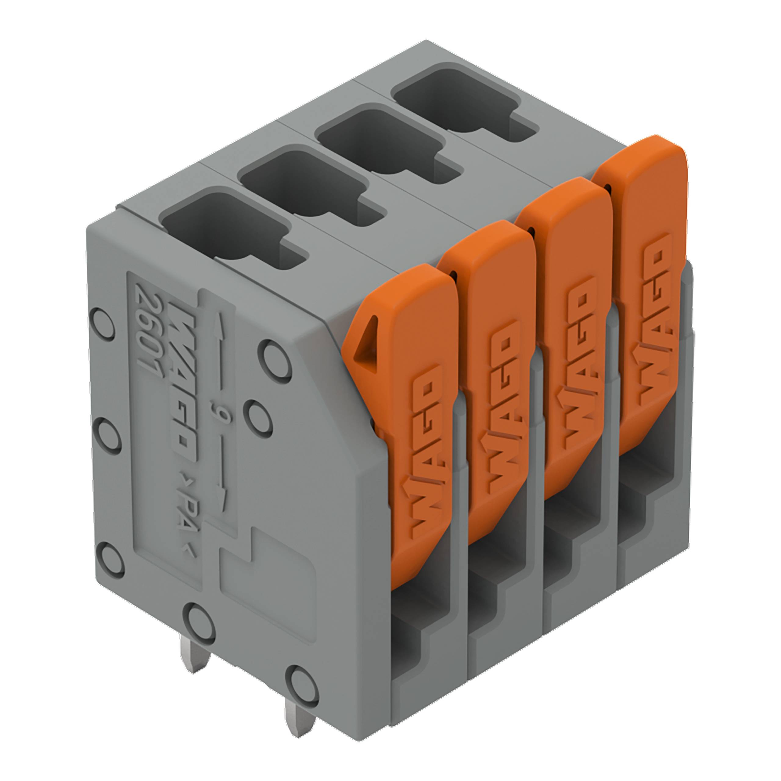 WAGO 2601 Elektroanschlussklemme in Grau und Orange mit vier Anschlusspunkte für die Drahtverbindung.