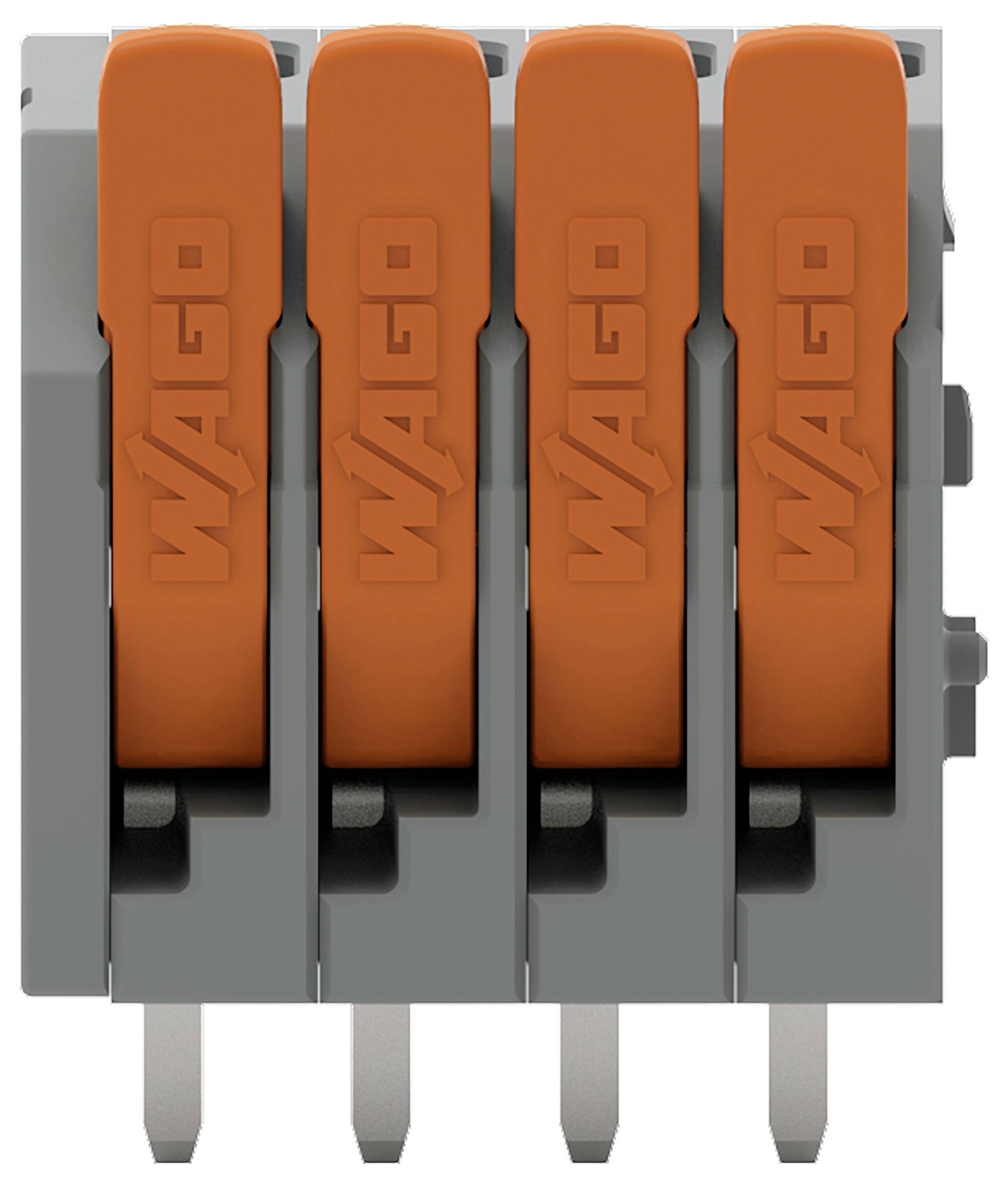 Ein Nahaufnahmebild zeigt einen vierfachen Elektrosteckverbinder mit vier orangenen Hebeln, gekennzeichnet mit „WAGO