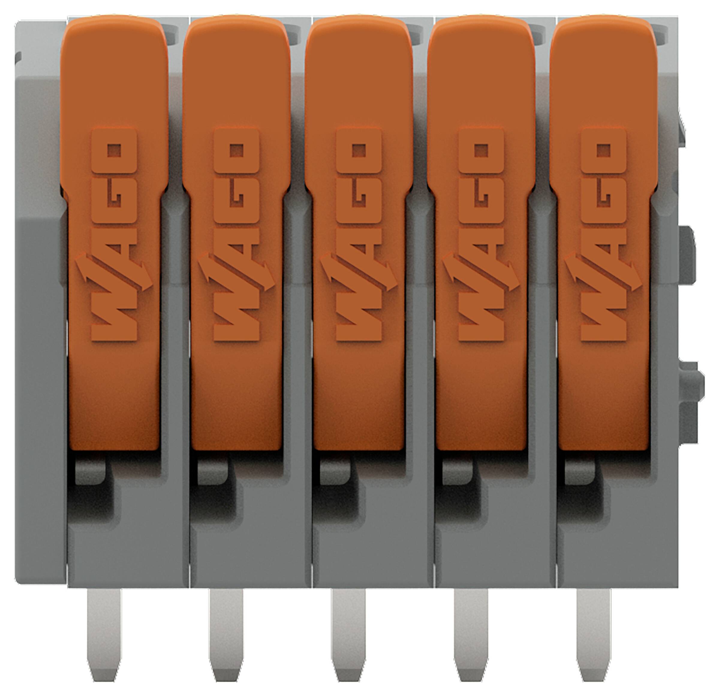 Ein grauer und orangefarbener WAGO-Stecker mit fünf Anschlüssen, konzipiert für schnelle, werkzeuglose elektrische Verbindungen.