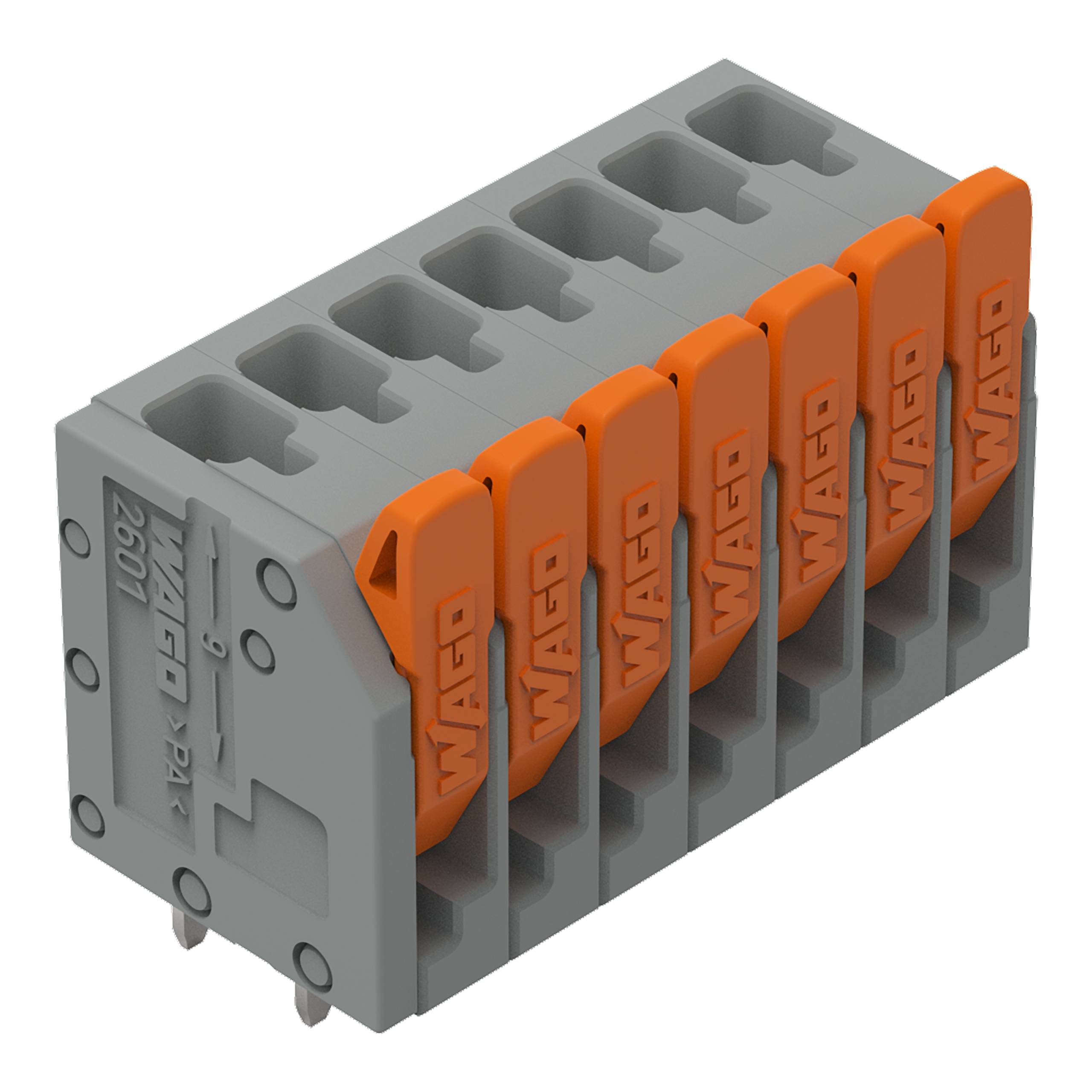 Ein grau-oranges Klemmleistenblock mit sechs Anschlussplätzen, beschriftet mit „WAGO 2601 2-0X