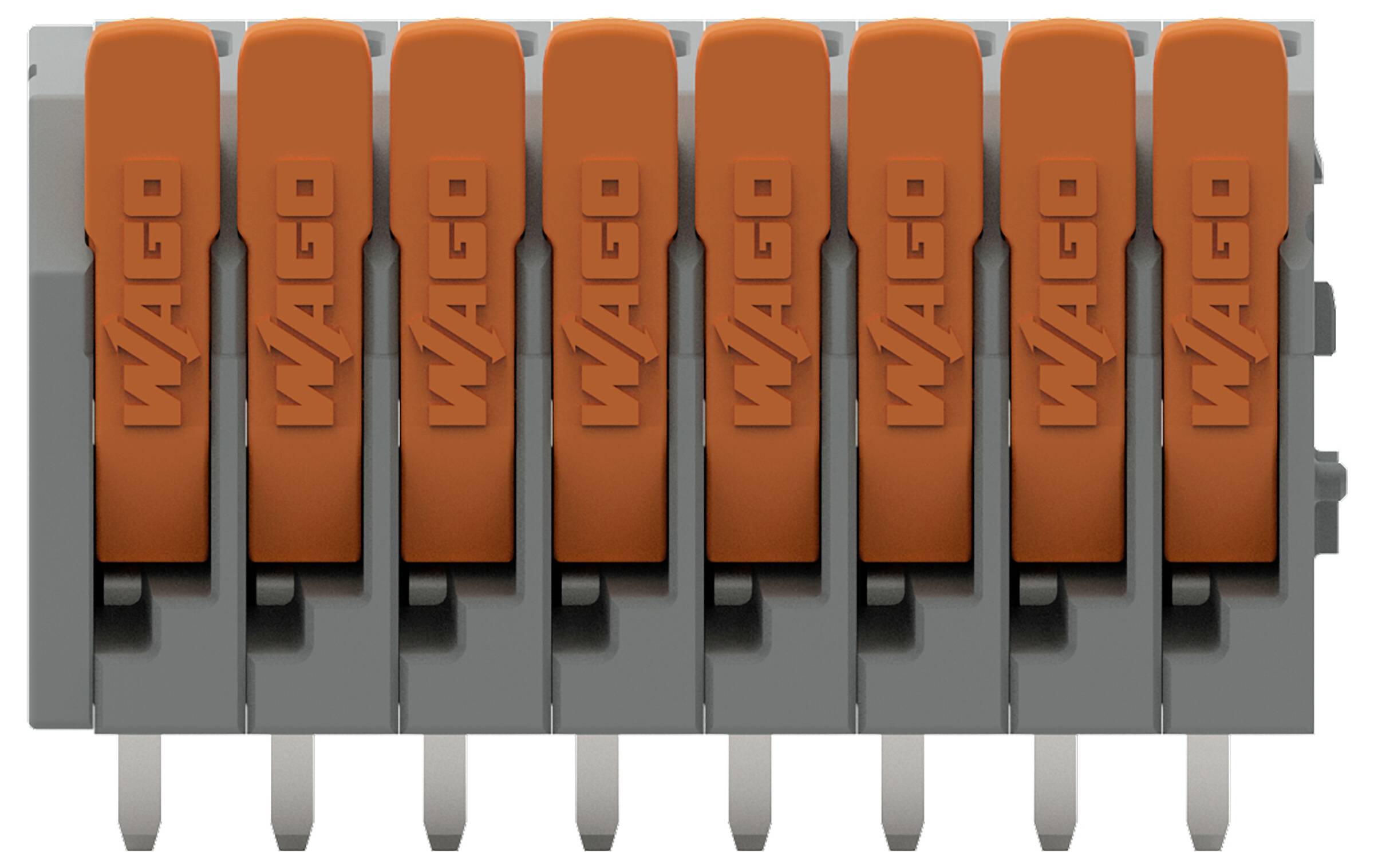 Ein Bild eines grau-orangefarbenen Wago-Anschlussklemme mit acht Anschlüssen, die häufig in Elektroinstallationsanwendungen verwendet wird.