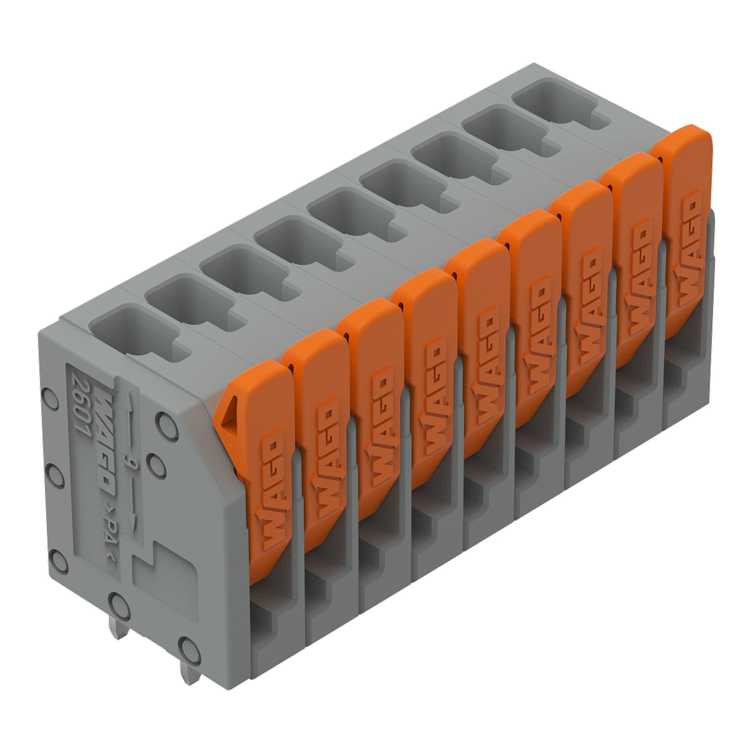 Ein grauer Elektroanschlussblock mit acht orangefarbenen Hebeln zum Befestigen von Drähten. Der Block ist mit „WAGO 2601