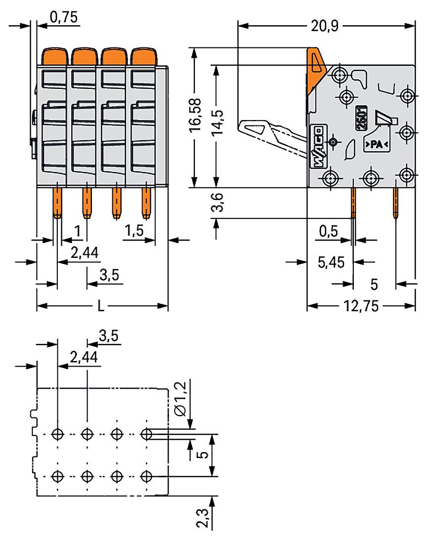 Technische Zeichnung eines Elektrosteckerblocks mit detaillierten Abmessungen in Millimetern, dargestellt in Seiten- und Draufsicht.