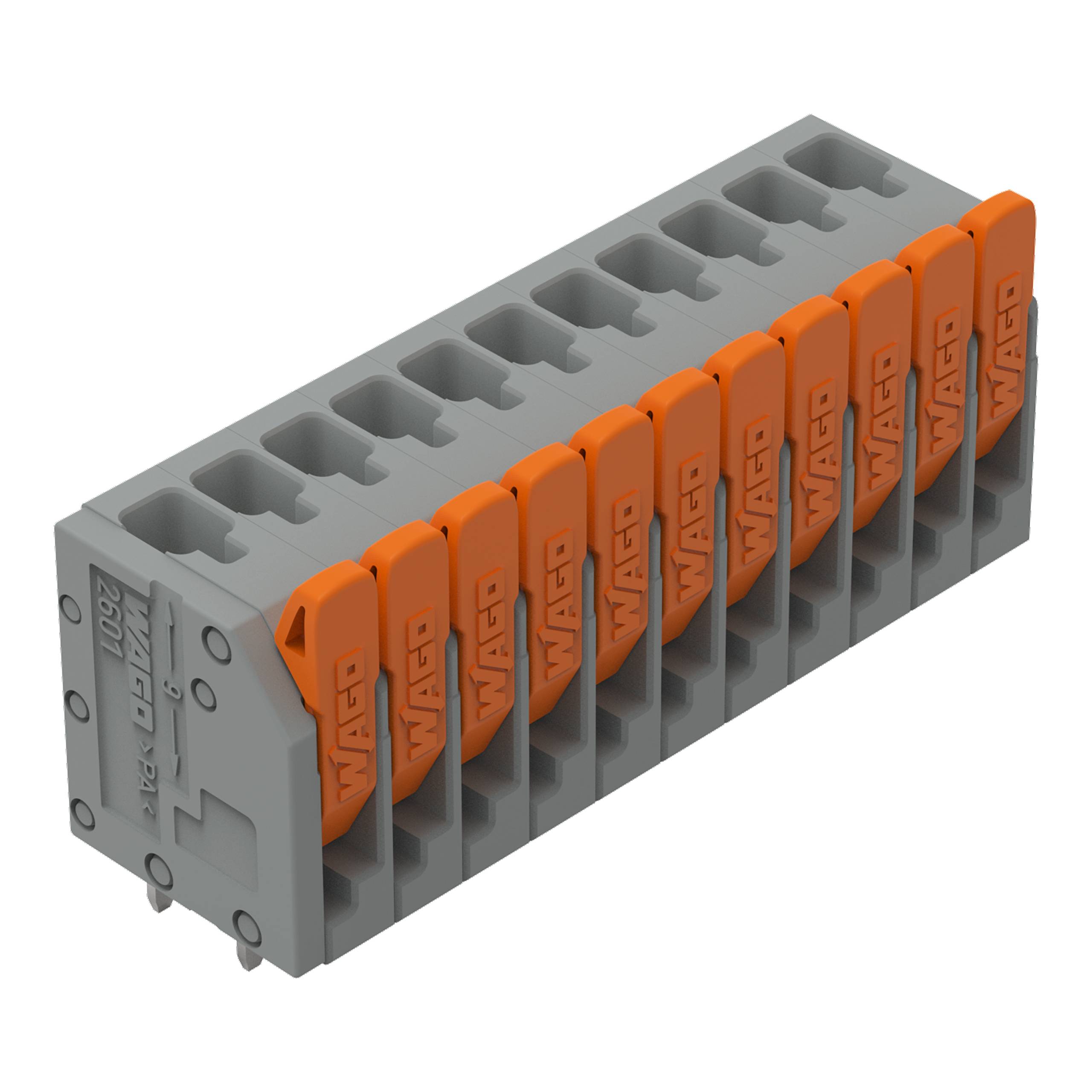 Ein 10-poliges grau-oranges Elektroklemmenblock, verwendet zum Sichern und Verbinden mehrerer Drähte in einem Stromkreis.