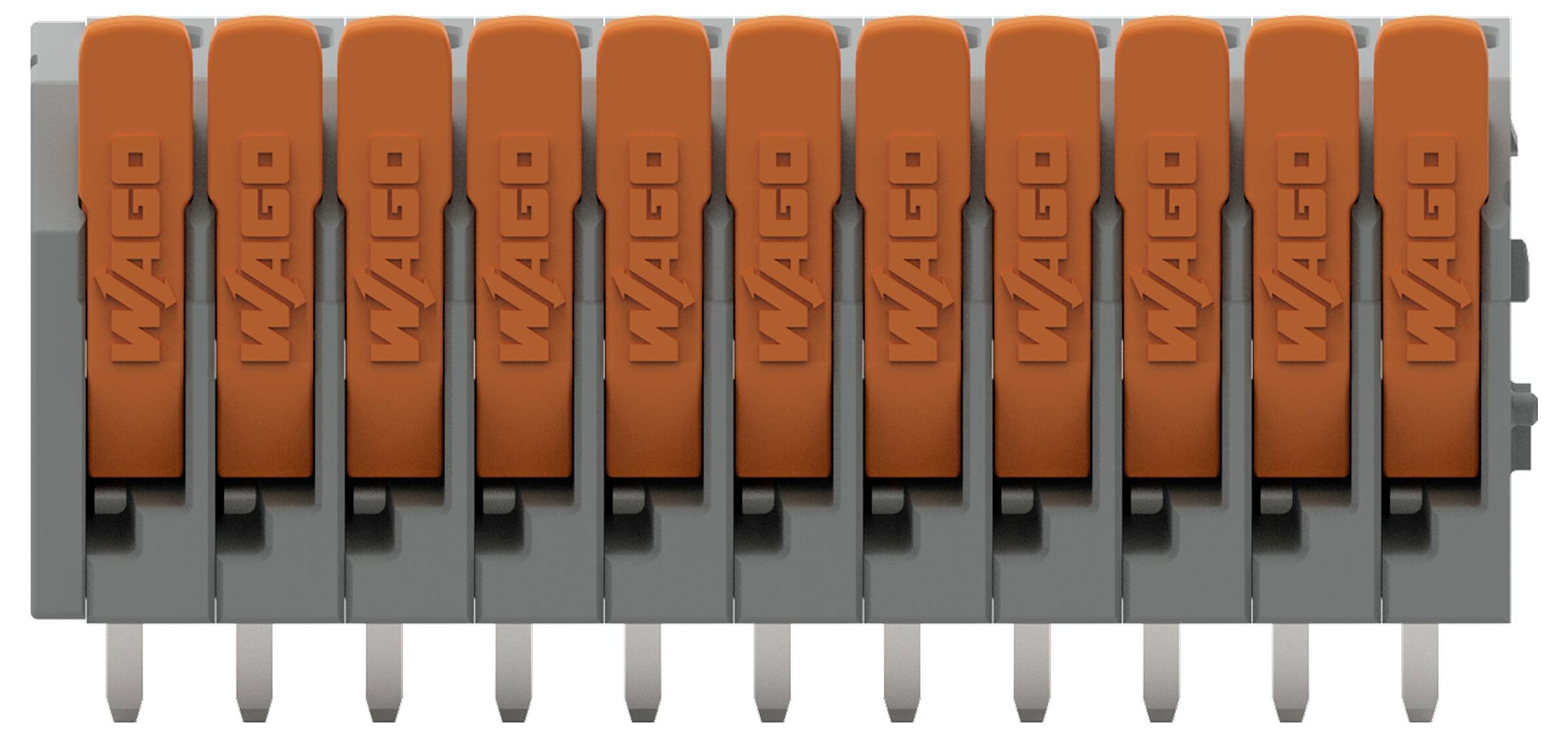 WAGO-gekennzeichneter orange-grauer Elektrosteckverbinder mit zehn Hebeln, verwendet für Verdrahtungsverbindungen in elektrischen Installationen.