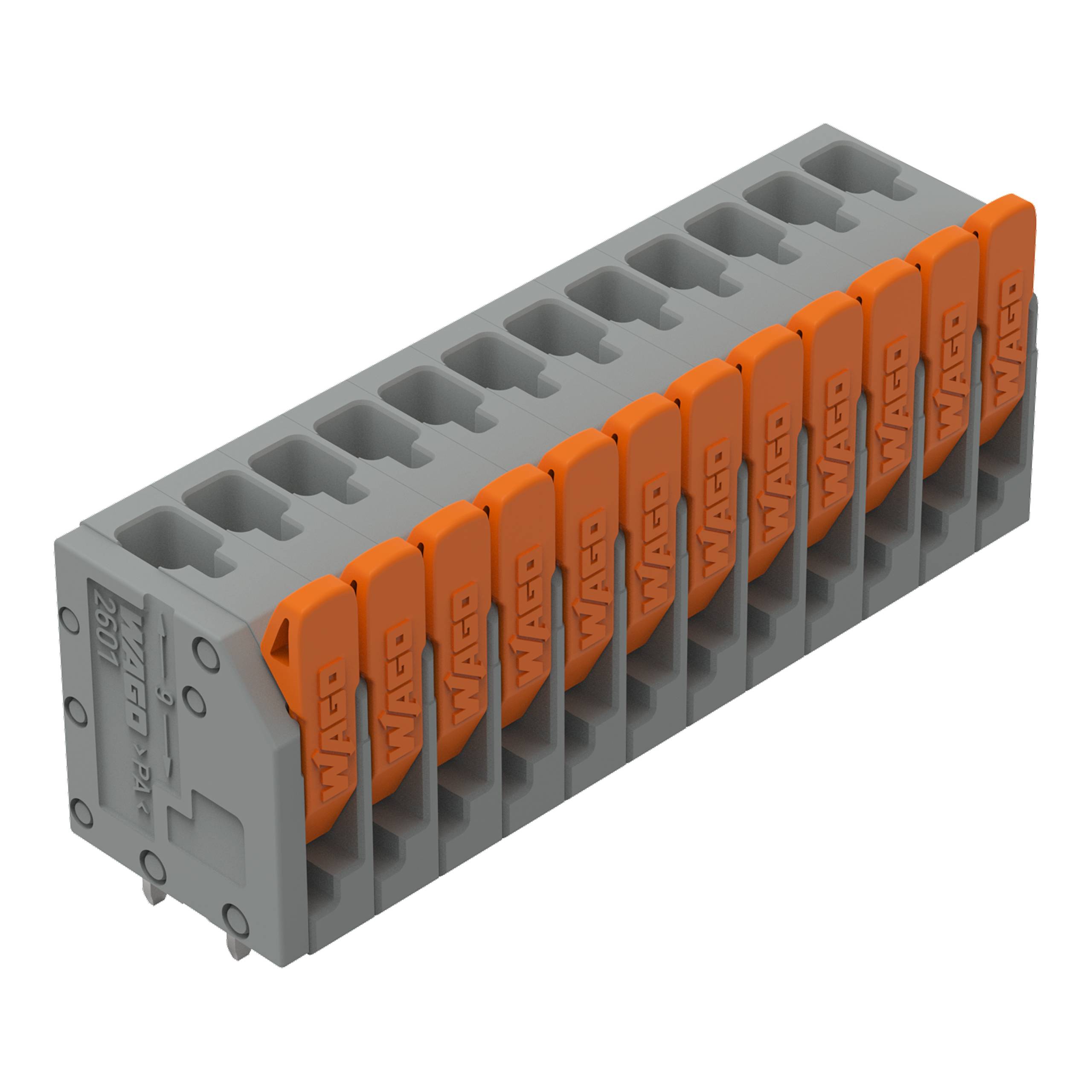 Ein grau-oranges Reihenklemmen-Verbindungselement mit mehreren Anschlussöffnungen, wobei jeder orange Hebel den Markennamen „WAGO