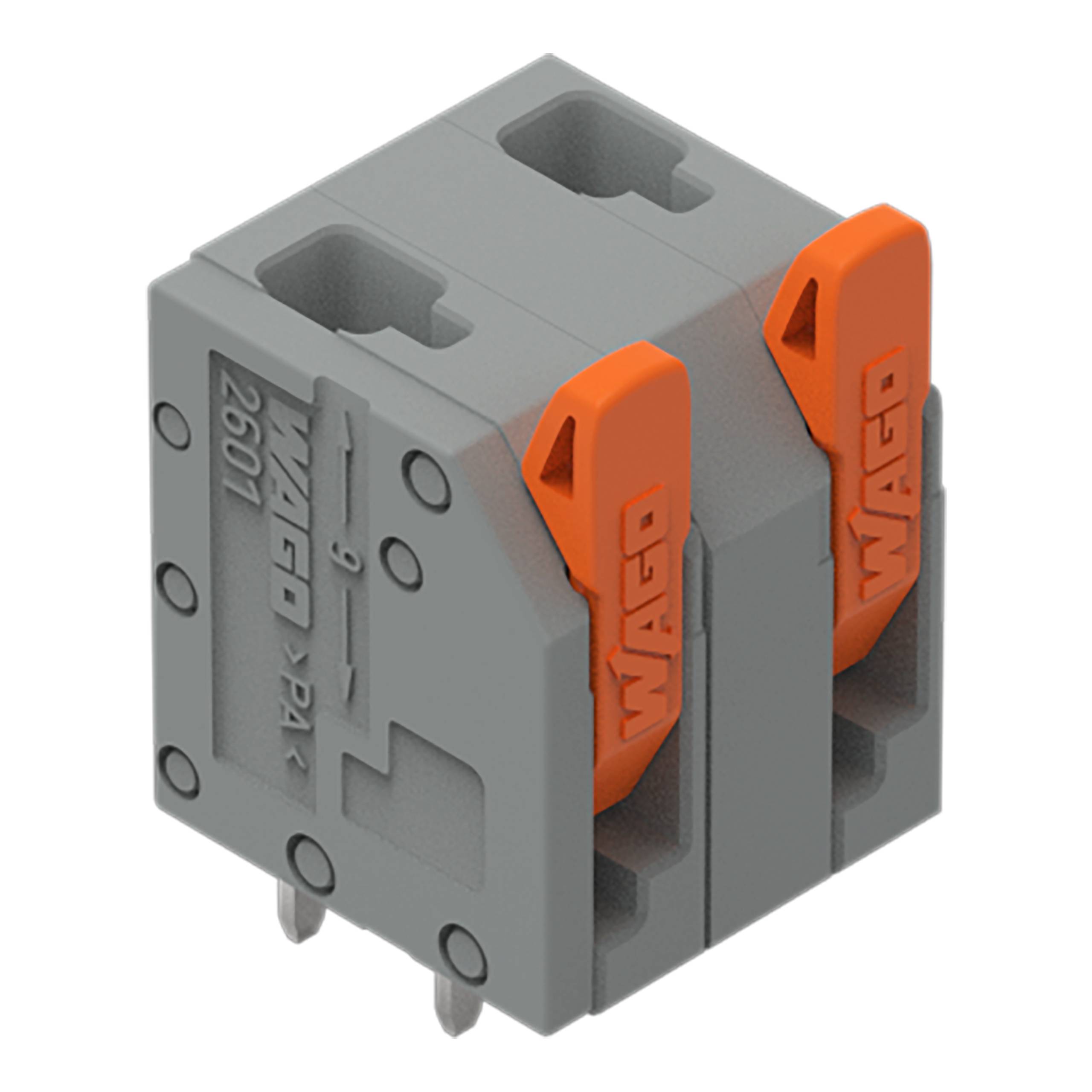 Ein kleiner, grauer, rechteckiger Anschlussblock mit orangefarbenen Hebeln, der zum Verbinden von Elektrokabeln verwendet wird.