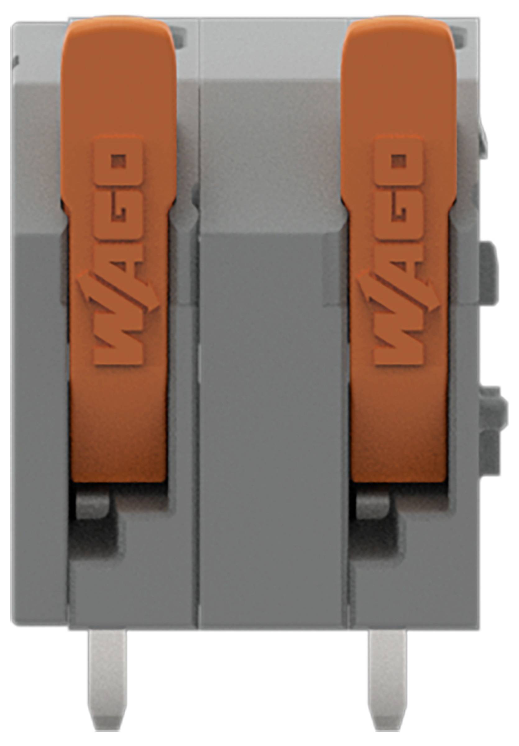 Ein grauer und orangefarbener elektrischer Stecker mit zwei Hebeln, die mit „WAGO