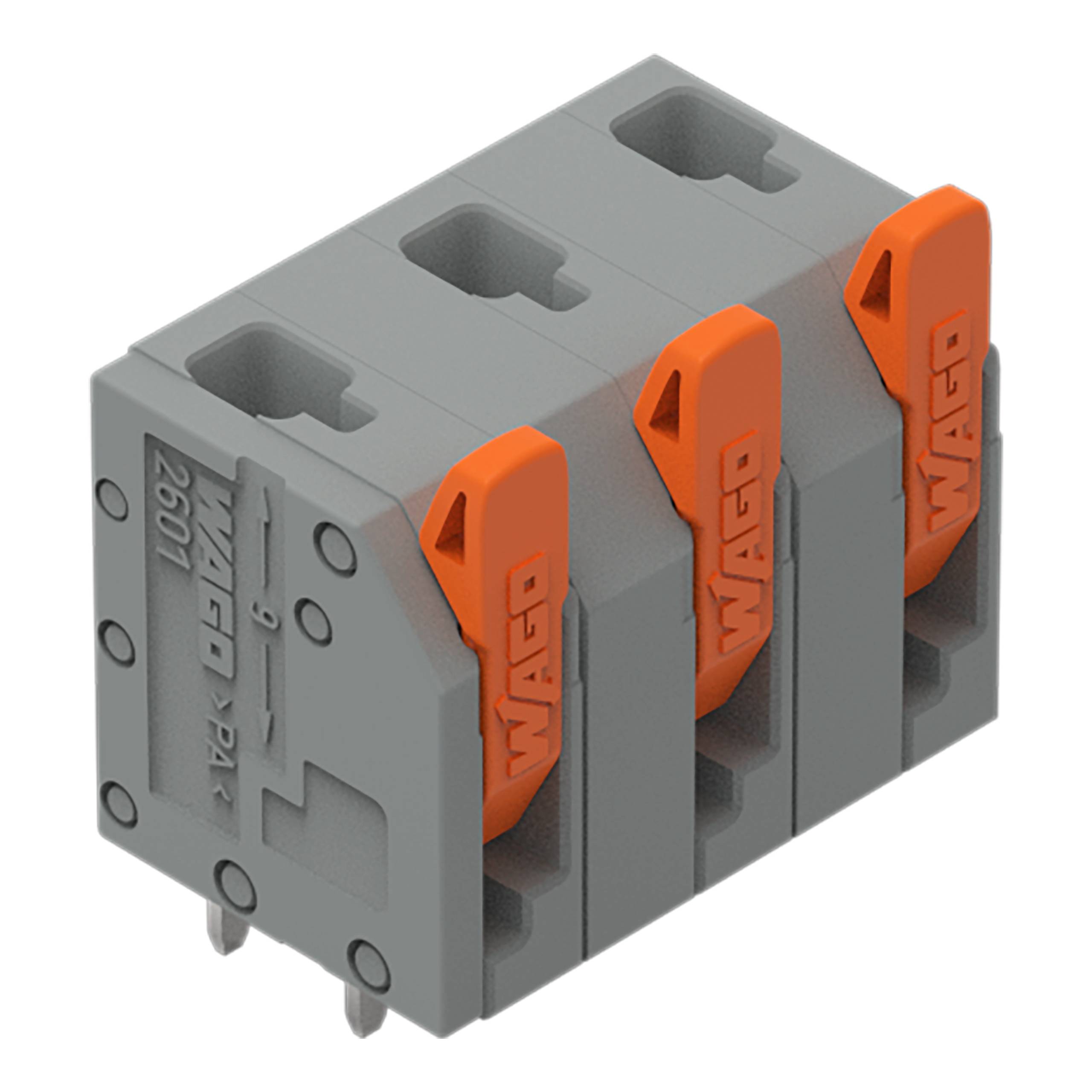 Graue WAGO Steckklemme mit drei Anschlüssen, mit dem WAGO-Logo in Orange auf jedem Terminalhebelschalter, Modell 2601.
