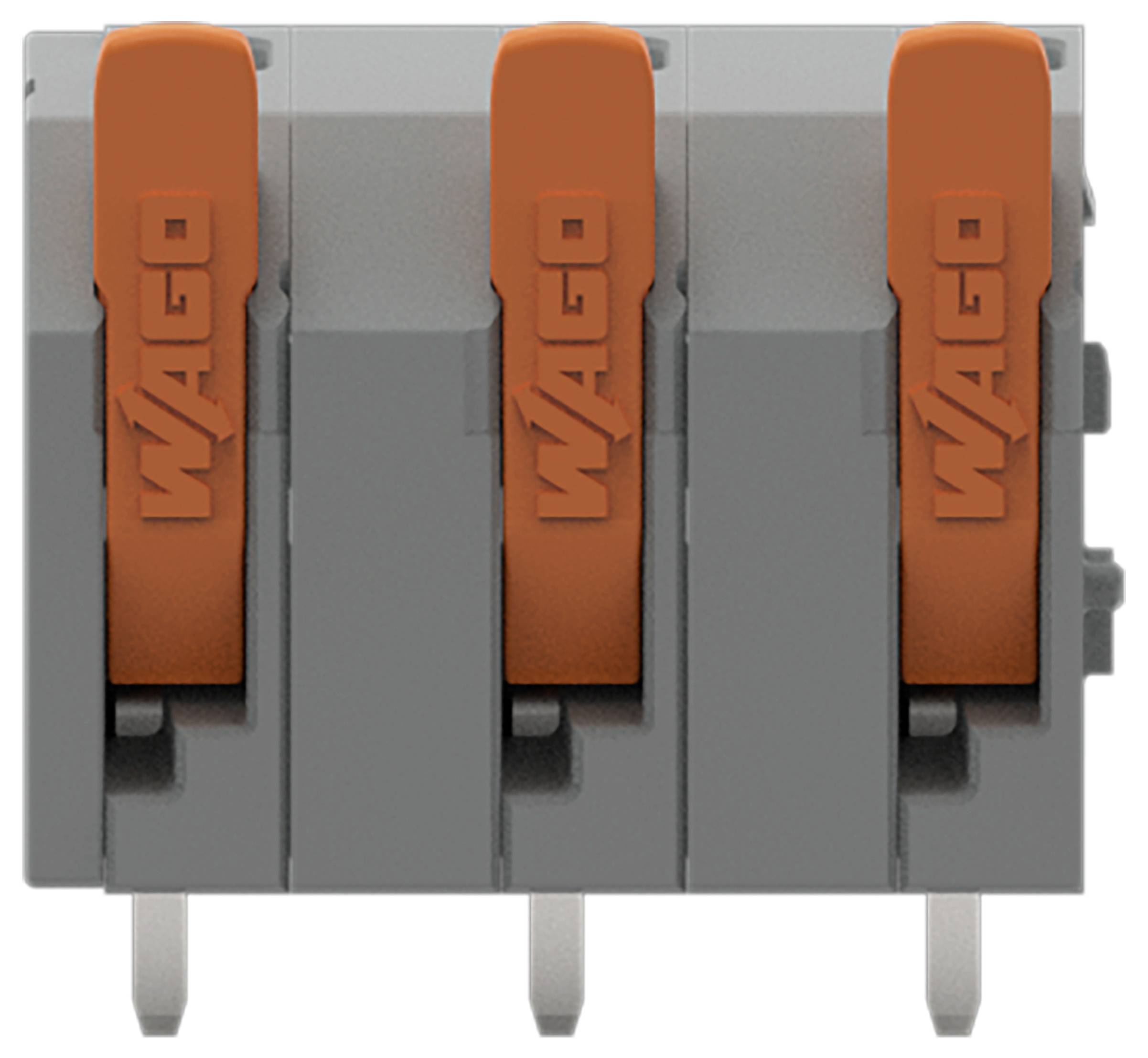 Ein grauer Elektrosteckverbinder-Block mit drei orangefarbenen Hebeln, mit der Bezeichnung 