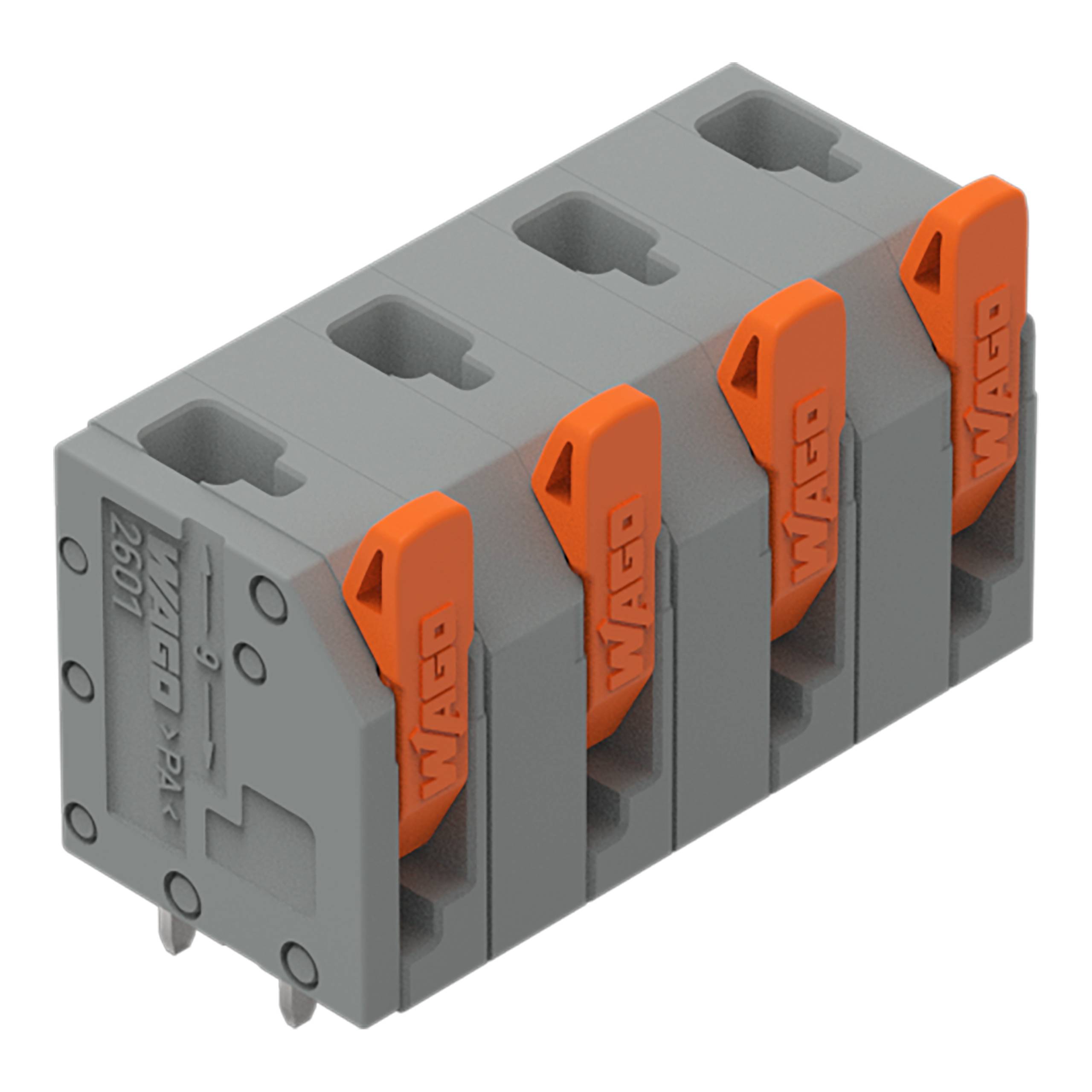 Ein vierpoliger grauer Elektrostecker mit orangefarbenen Hebeln für die Drahtverbindung, gekennzeichnet mit „WAGO 2601 P4.1