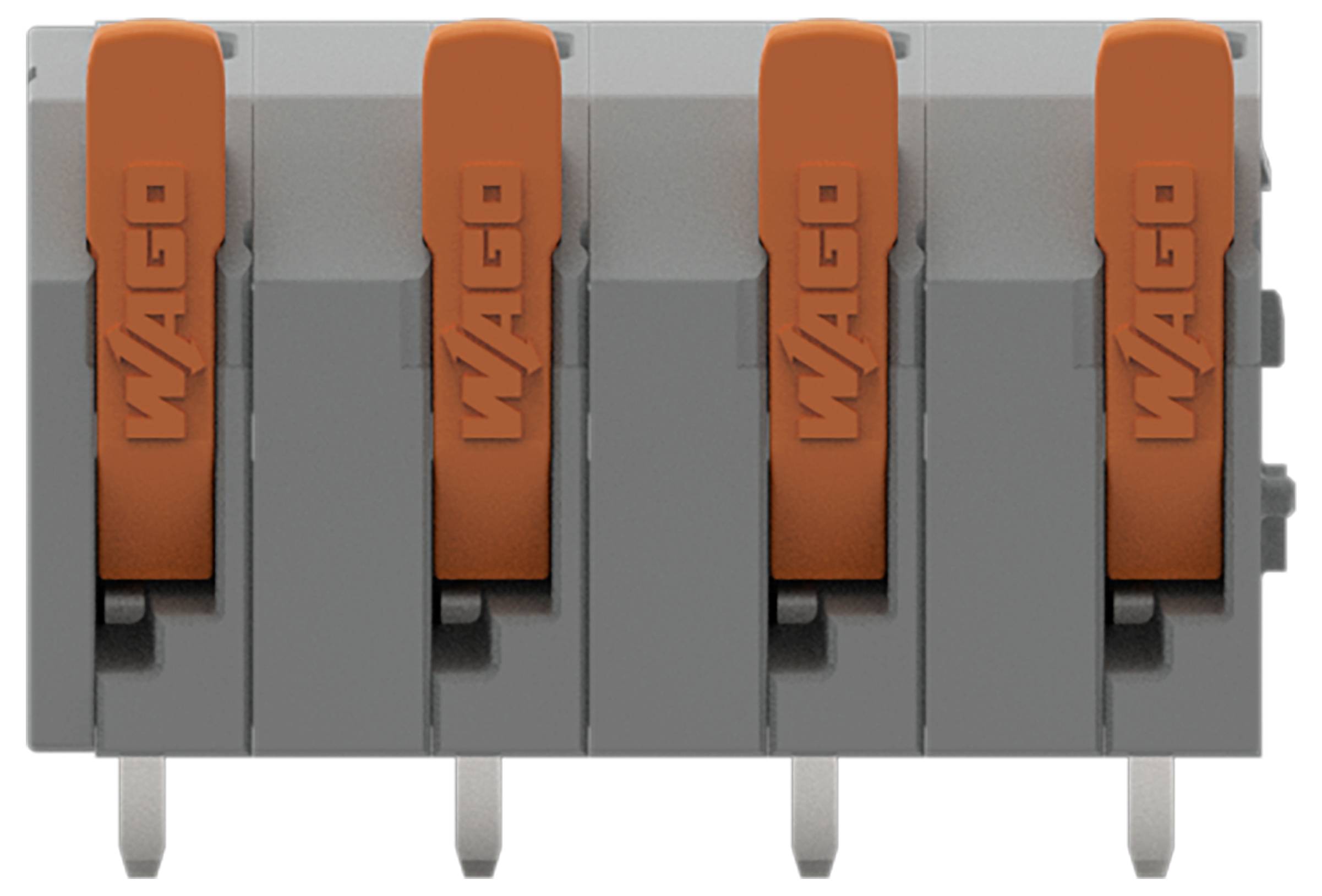 Graues Klemmleistenblock der Marke 'WAGO' mit fünf orangefarbenen Anschlusshebelm, wird für elektrische Verdrahtungsverbindungen verwendet.