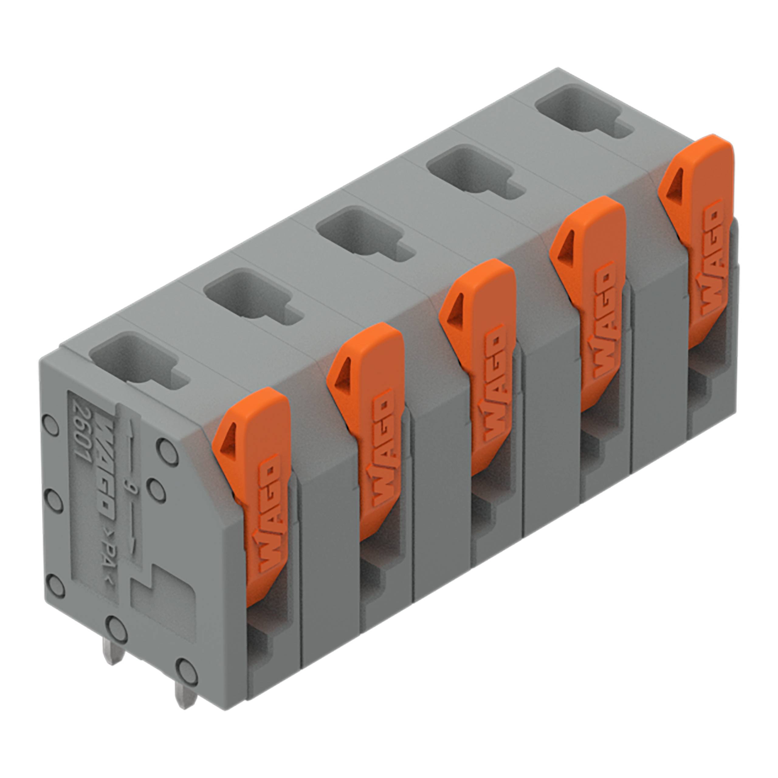 Ein fünfpoliger grauer Elektrostecker mit orangefarbenen Hebeln, der für sichere Verdrahtungsverbindungen verwendet wird.