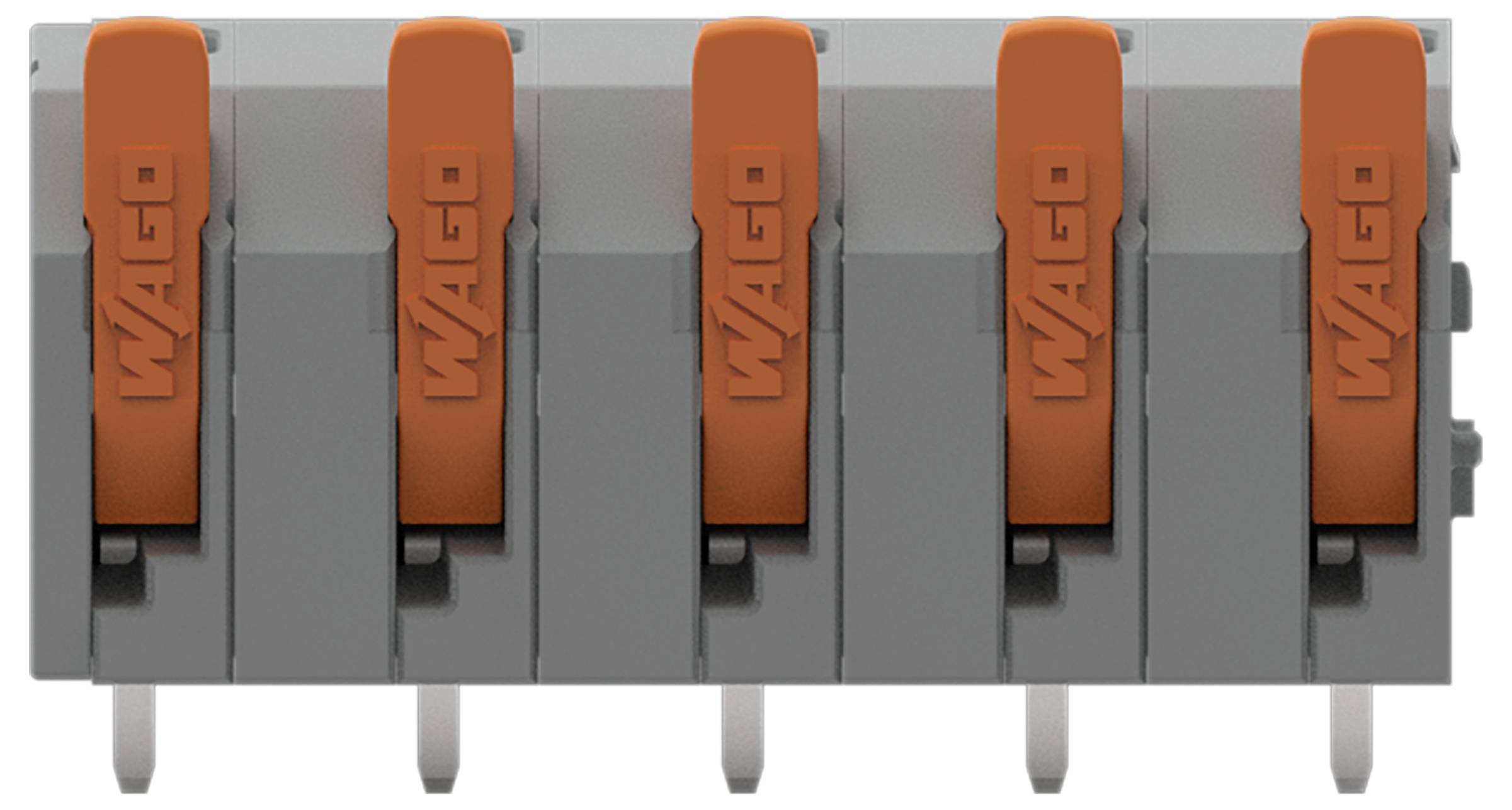 WAGO-Hebelbinder für die elektrische Verdrahtung mit sechs orangefarbenen Hebeln in einem grauen Gehäuse für sichere Drahtverbindungen.