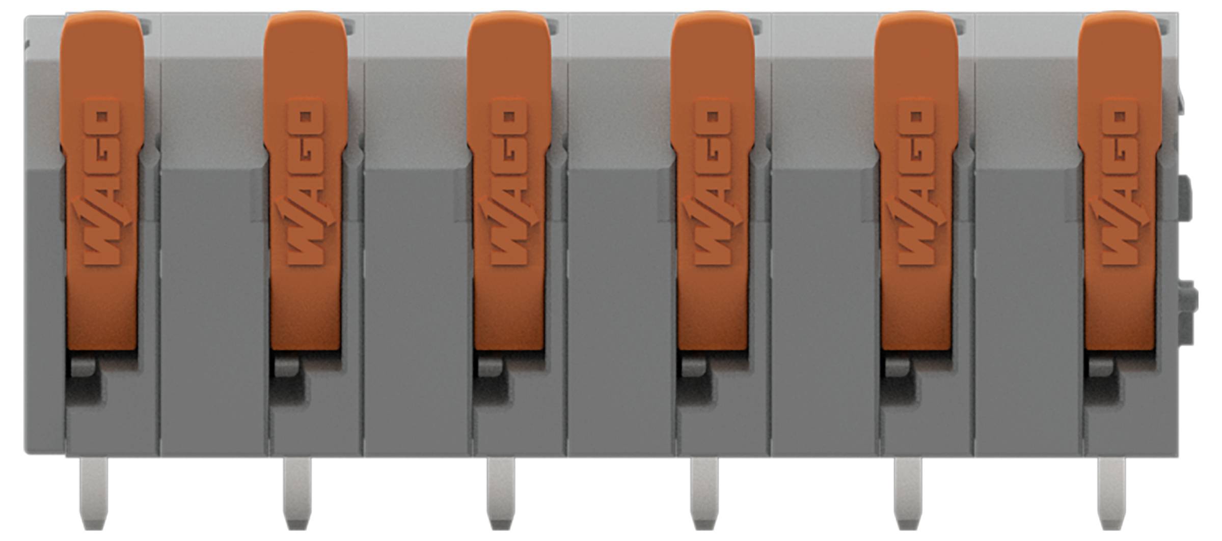 Ein orange-weißer elektrischer Stecker mit doppelten Anschlüssen, gekennzeichnet mit „WAGO 2734