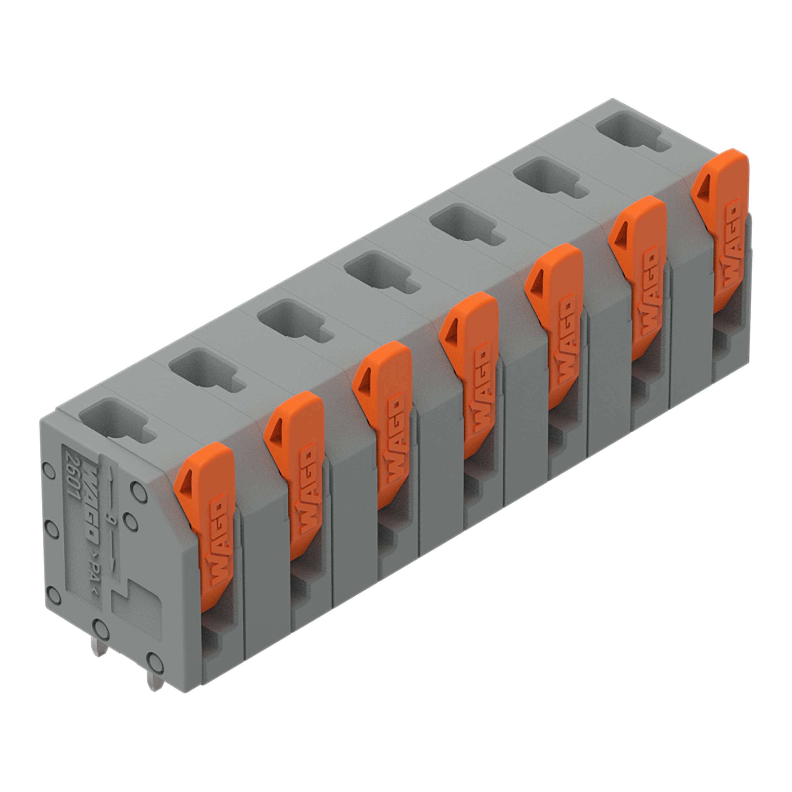 Ein modularer grau-orangefarbener Elektroklemmenblock mit mehreren Anschlusspunkten zur Verdrahtung.
