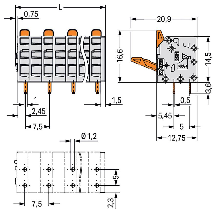 Technical diagram of an electrical connector, displaying various dimensions and markings. Detailed measurements in millimeters.
